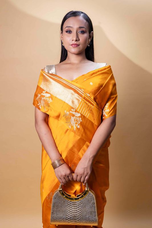 Mustard Bird Weaving Raw Mango Silk Saree