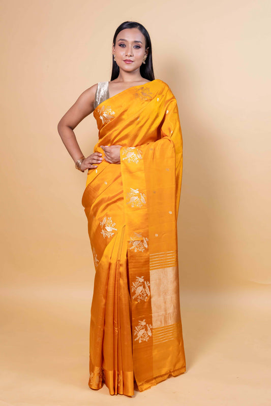 Mustard Bird Weaving Raw Mango Silk Saree