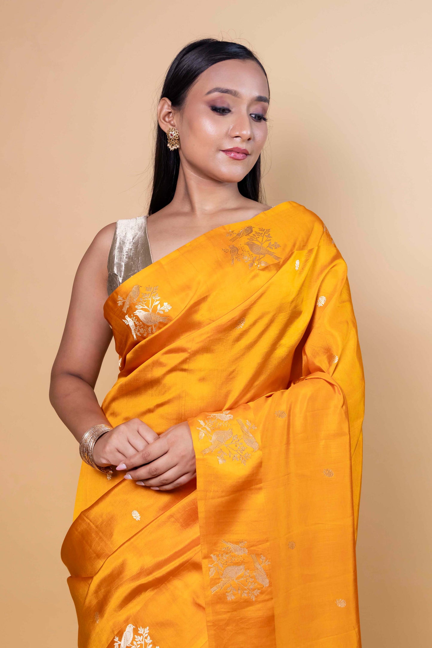 Mustard Bird Weaving Raw Mango Silk Saree