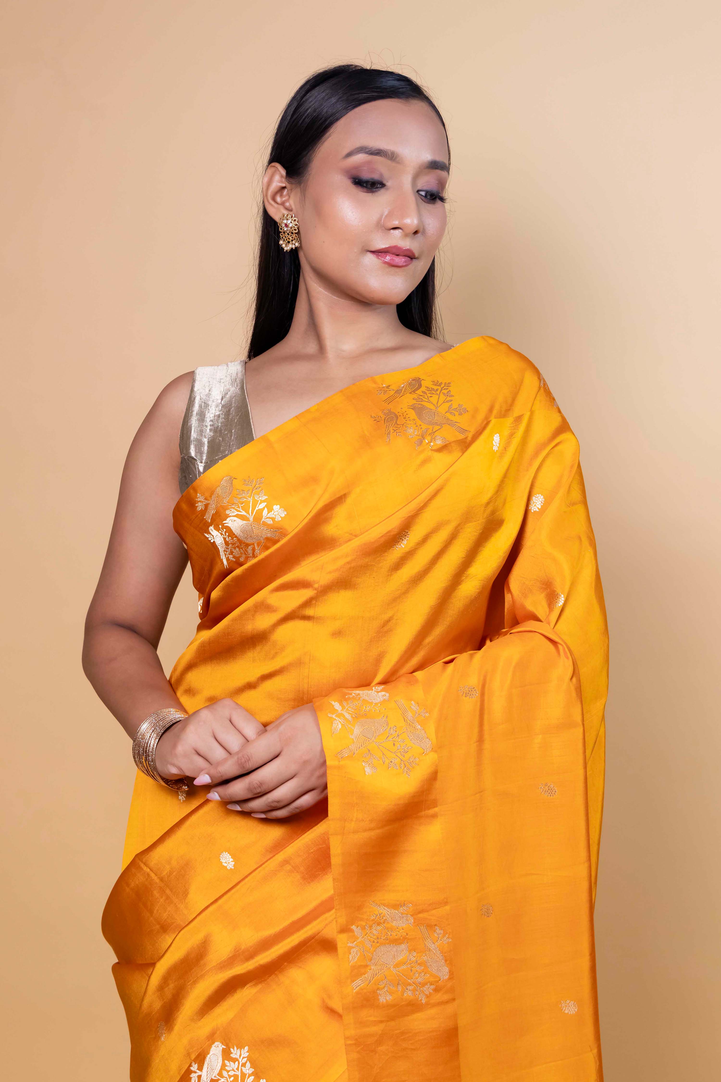 Mustard Bird Weaving Puna  Silk Saree