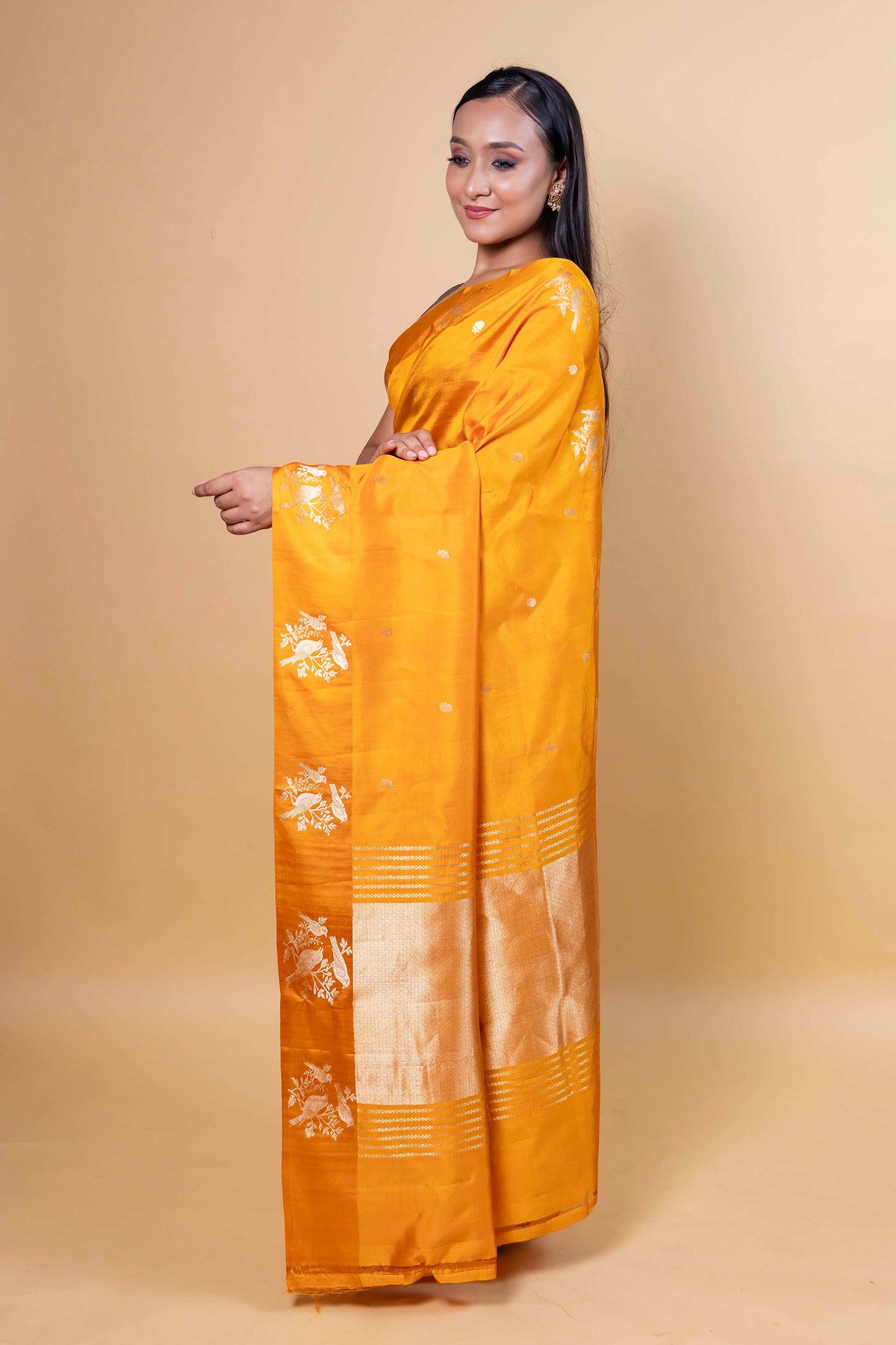 Mustard Bird Weaving Raw Mango Silk Saree