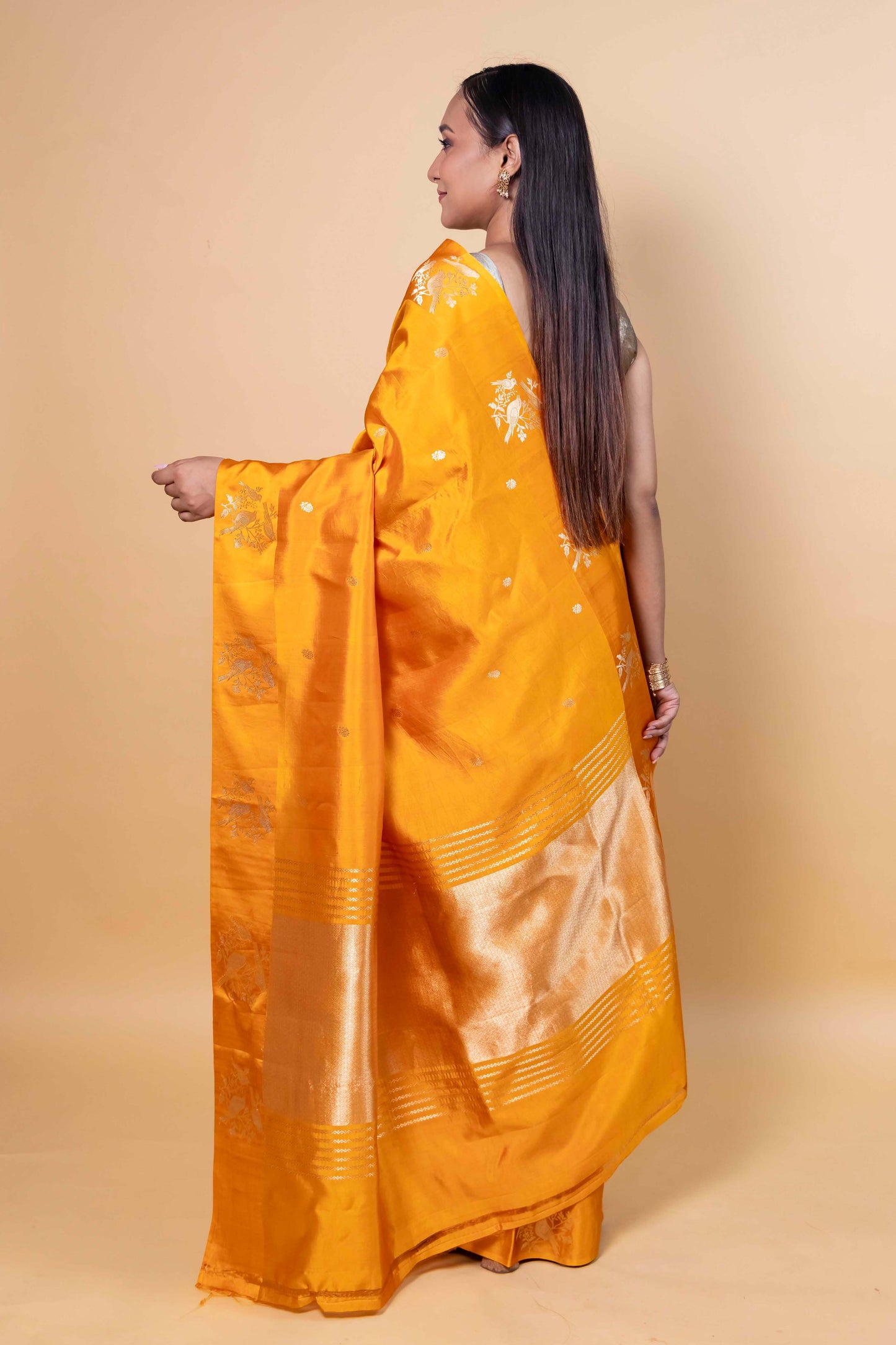 Mustard Bird Weaving Raw Mango Silk Saree