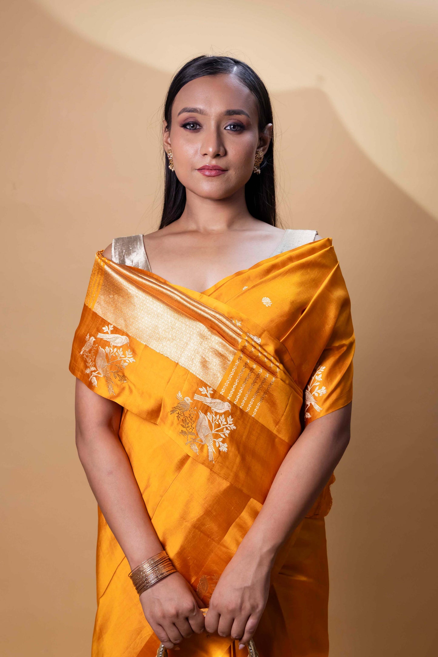 Mustard Bird Weaving Raw Mango Silk Saree