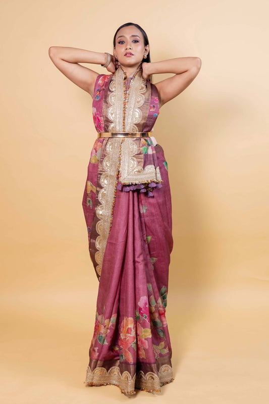 Onion Pink Floral Embellished Tussar Silk Saree