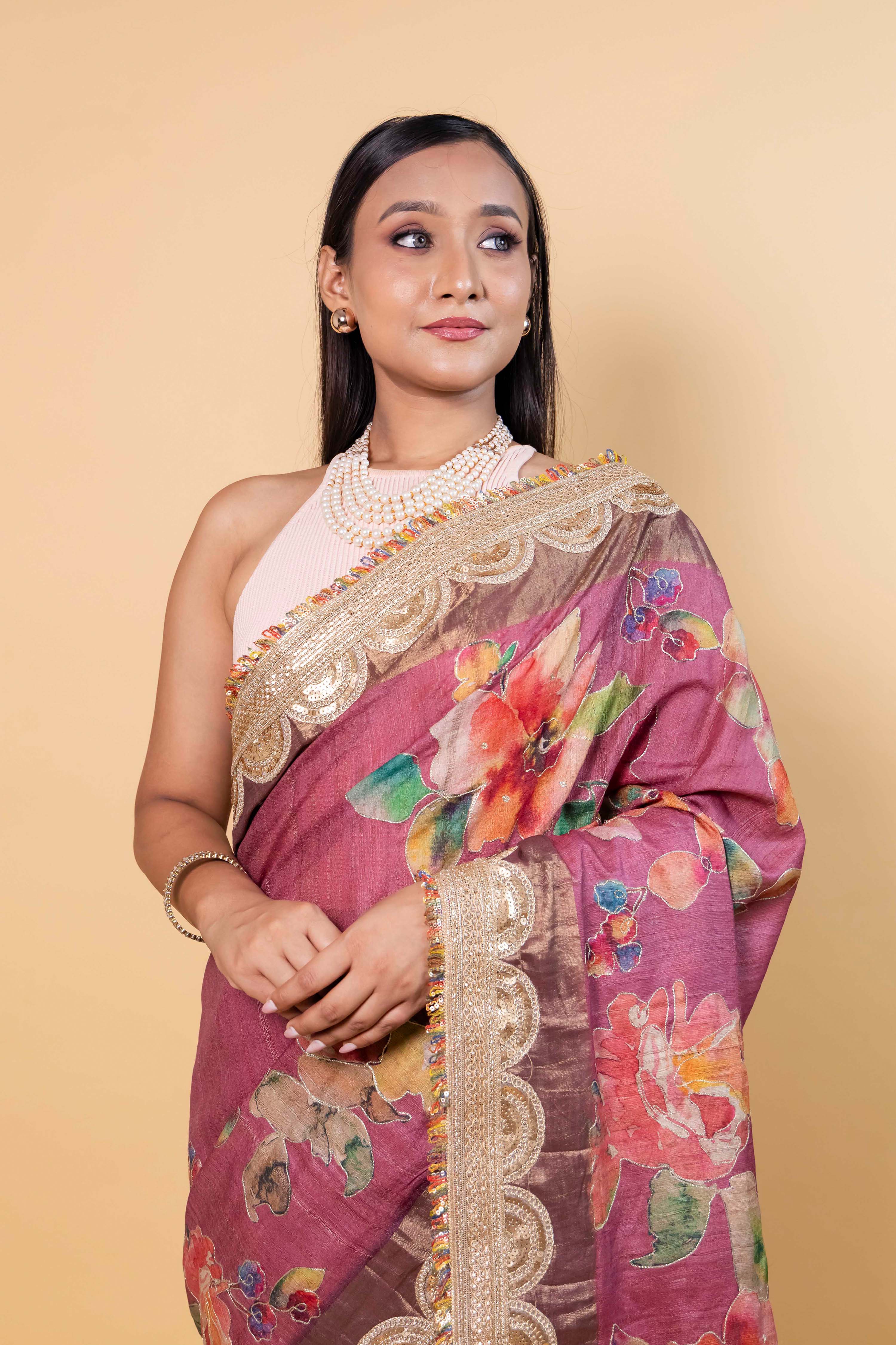 Onion Pink Floral Embellished Tussar Silk Saree