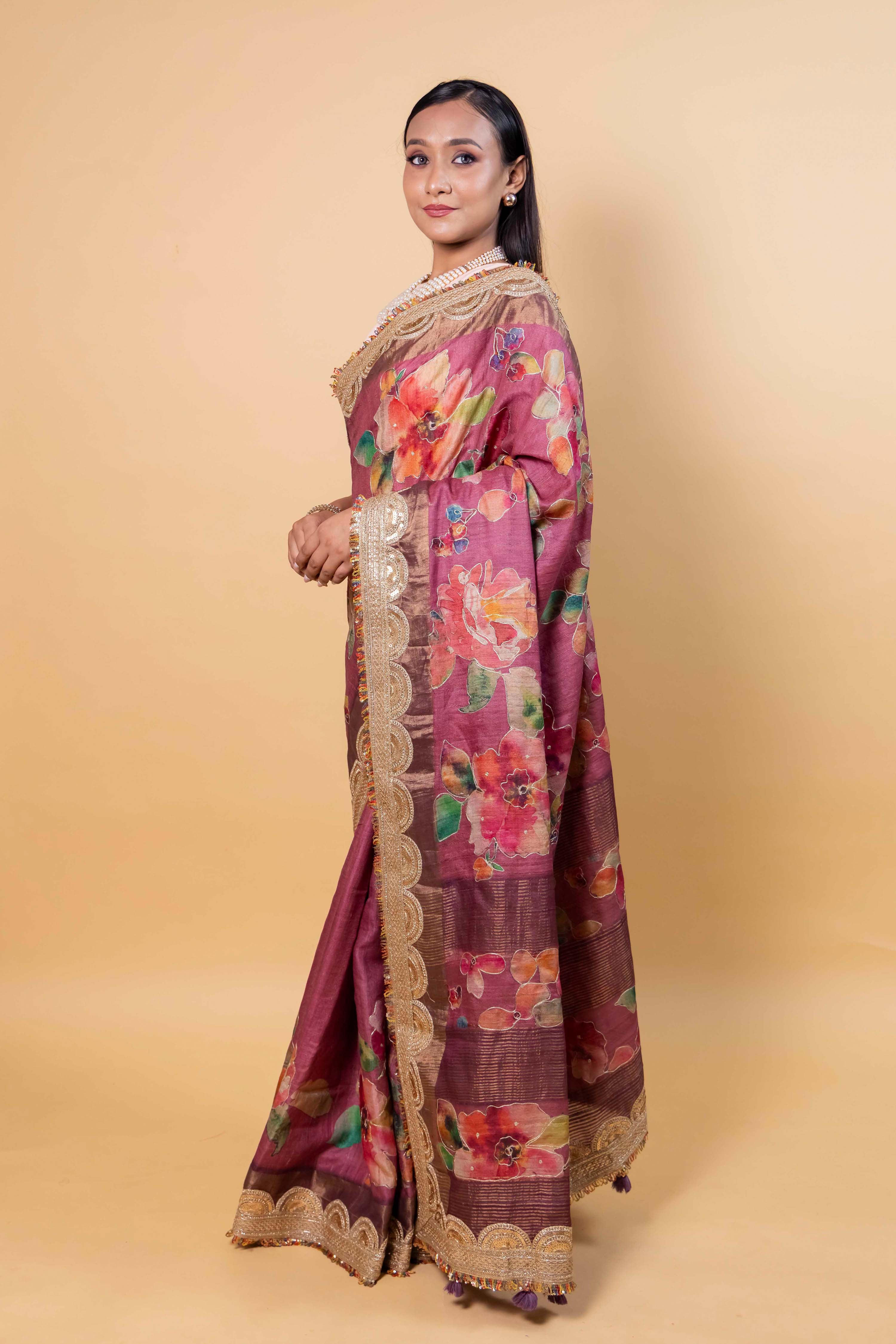 Onion Pink Floral Embellished Tussar Silk Saree
