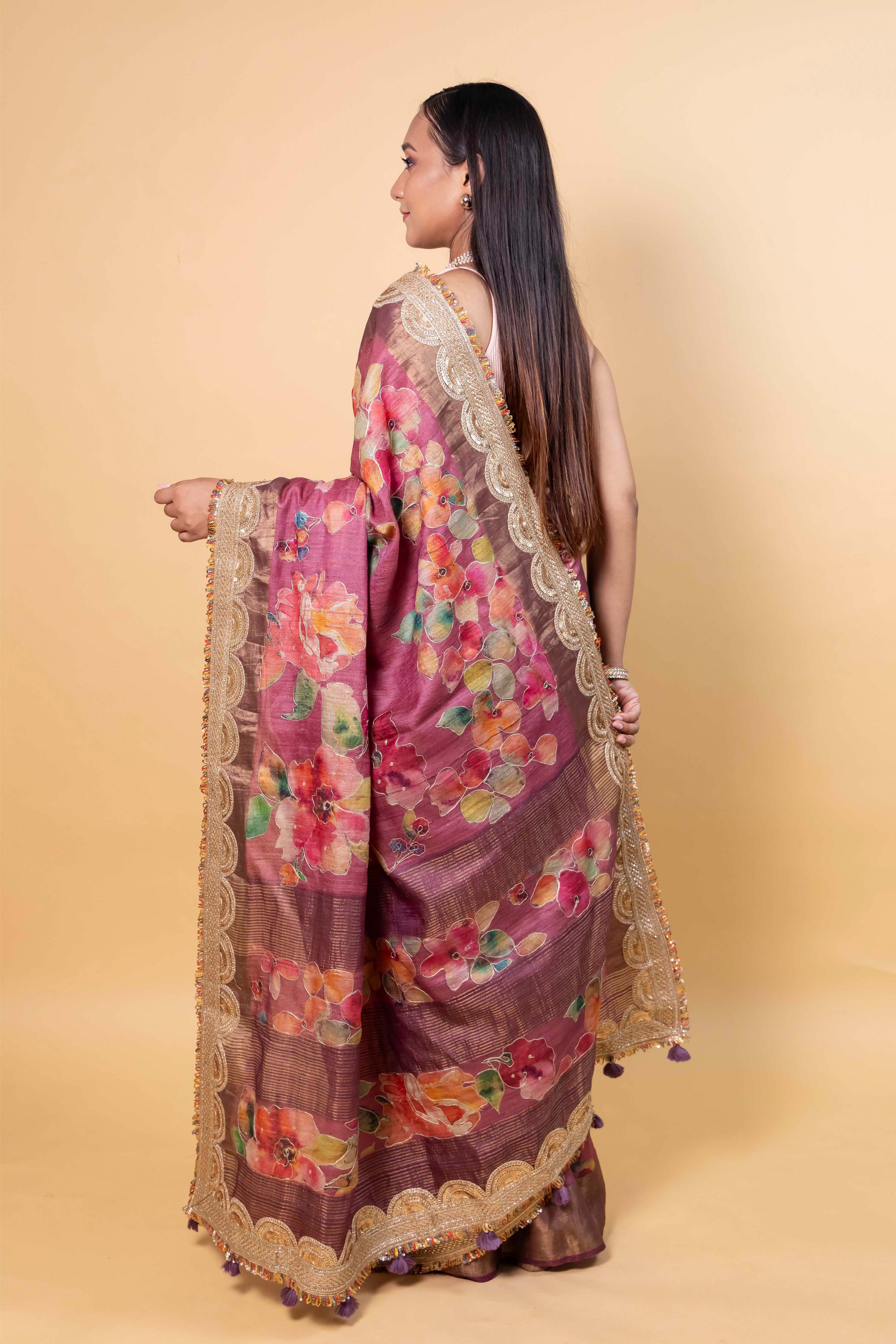 Onion Pink Floral Embellished Tussar Silk Saree