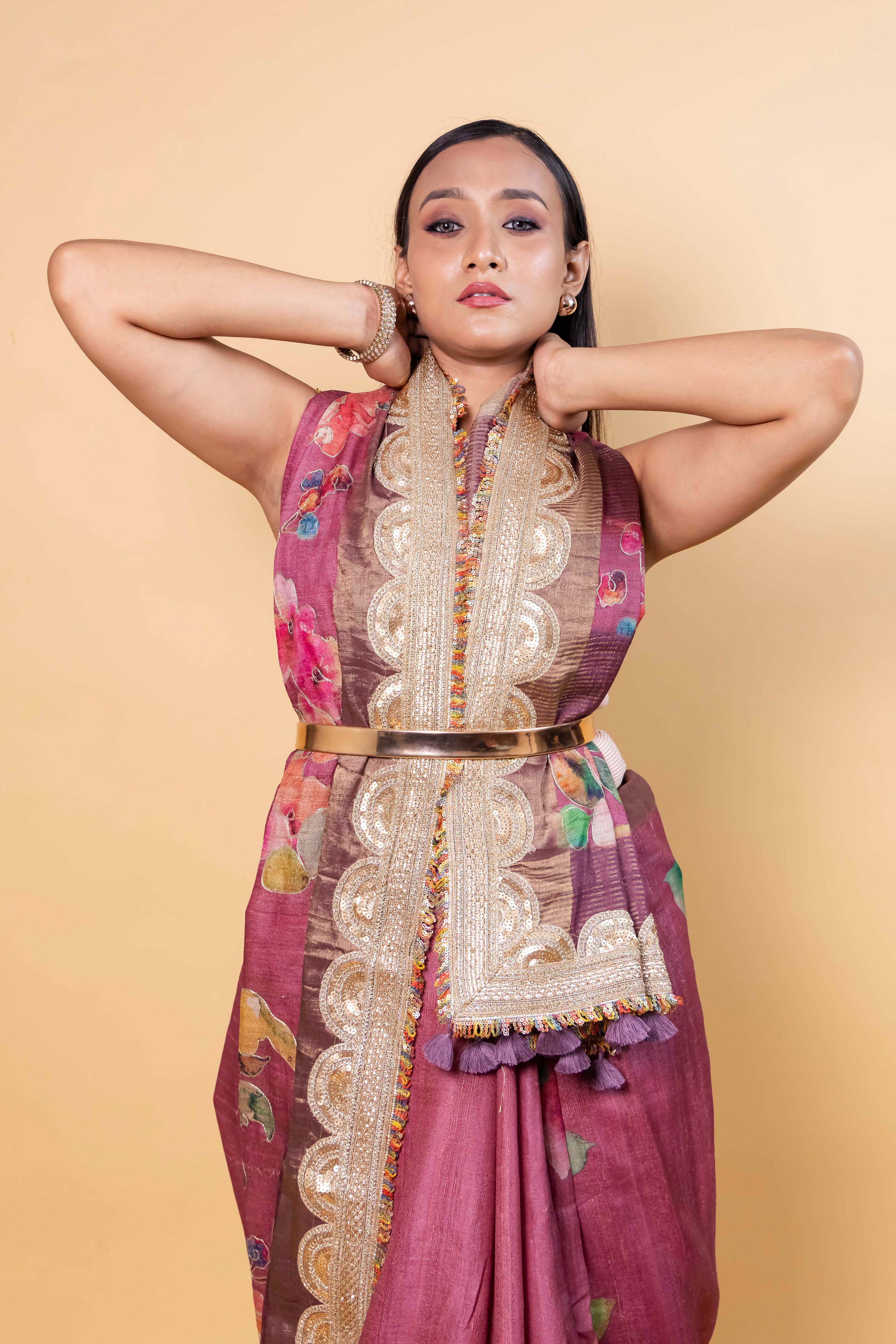 Onion Pink Floral Embellished Tussar Silk Saree