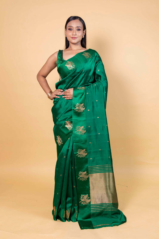 Bottle Green Raw Mango Silk Saree