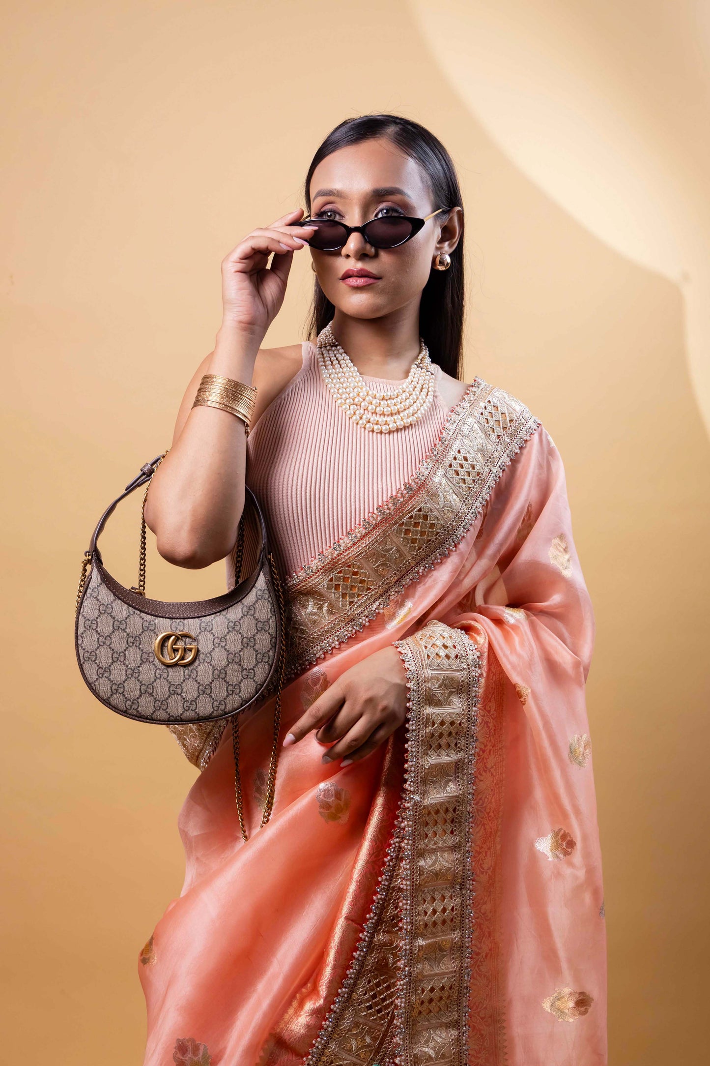 Peach Meenakari Organza Silk Saree
