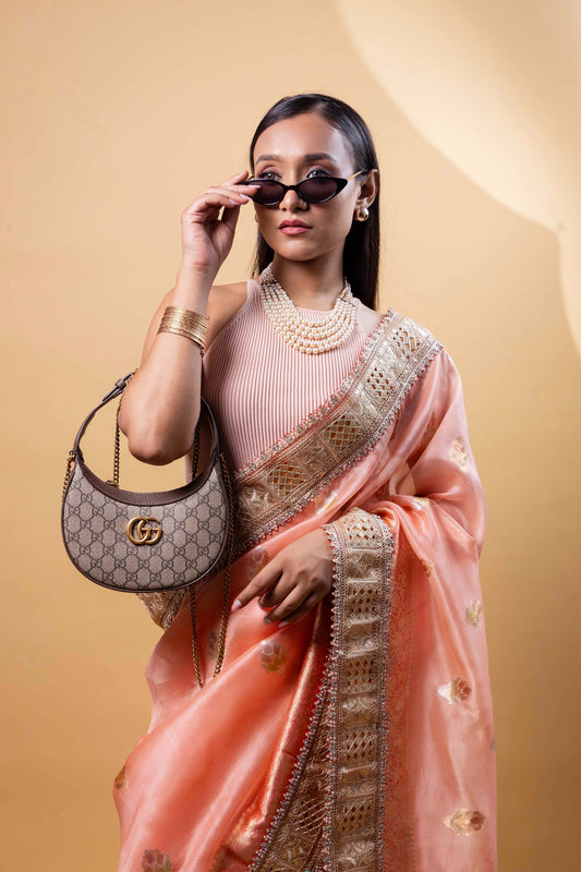 Peach Meenakari Organza Silk Saree