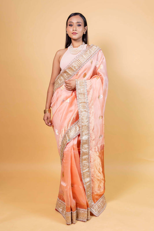 Peach Meenakari Organza Silk Saree