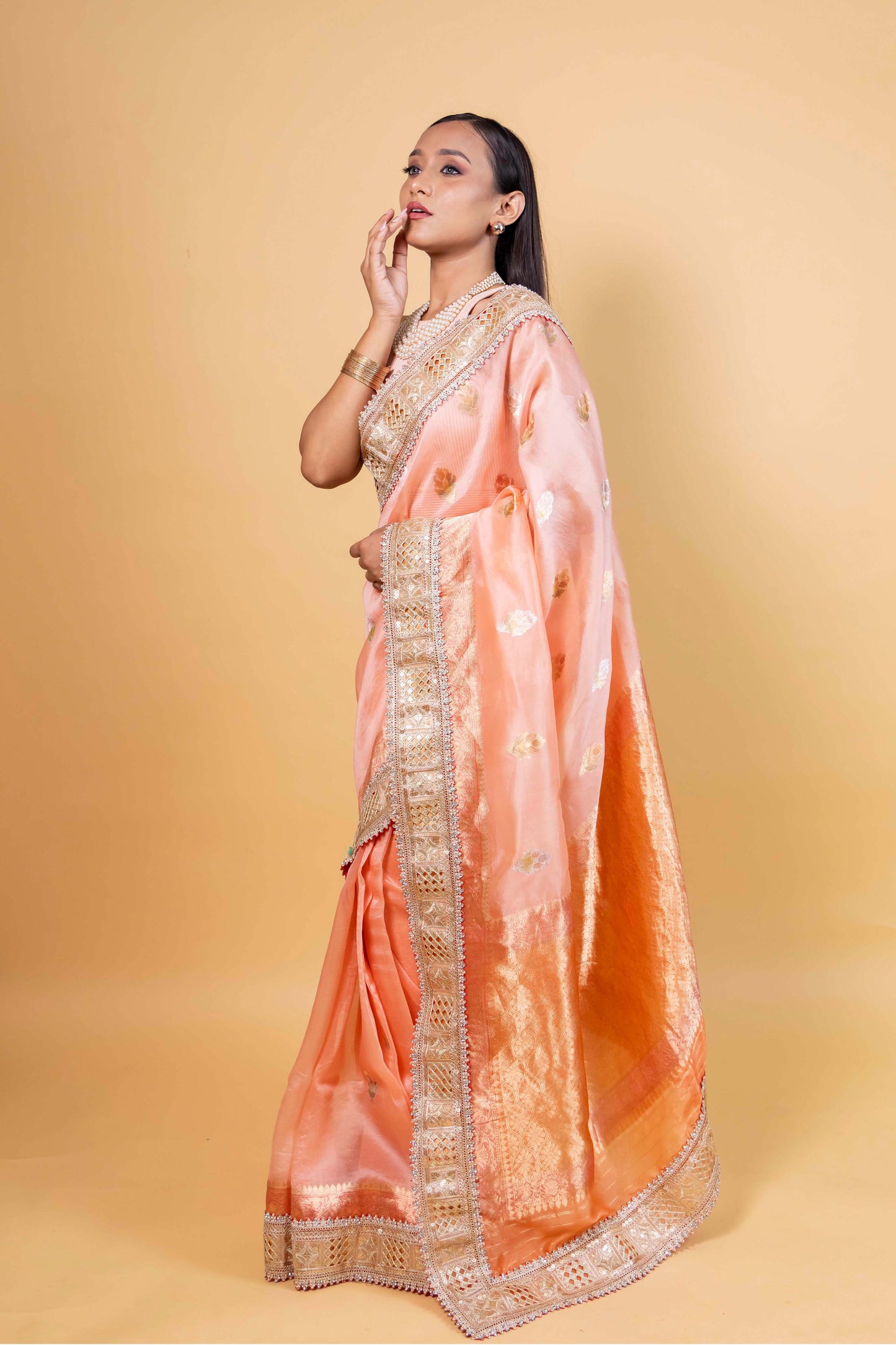 Peach Meenakari Organza Silk Saree