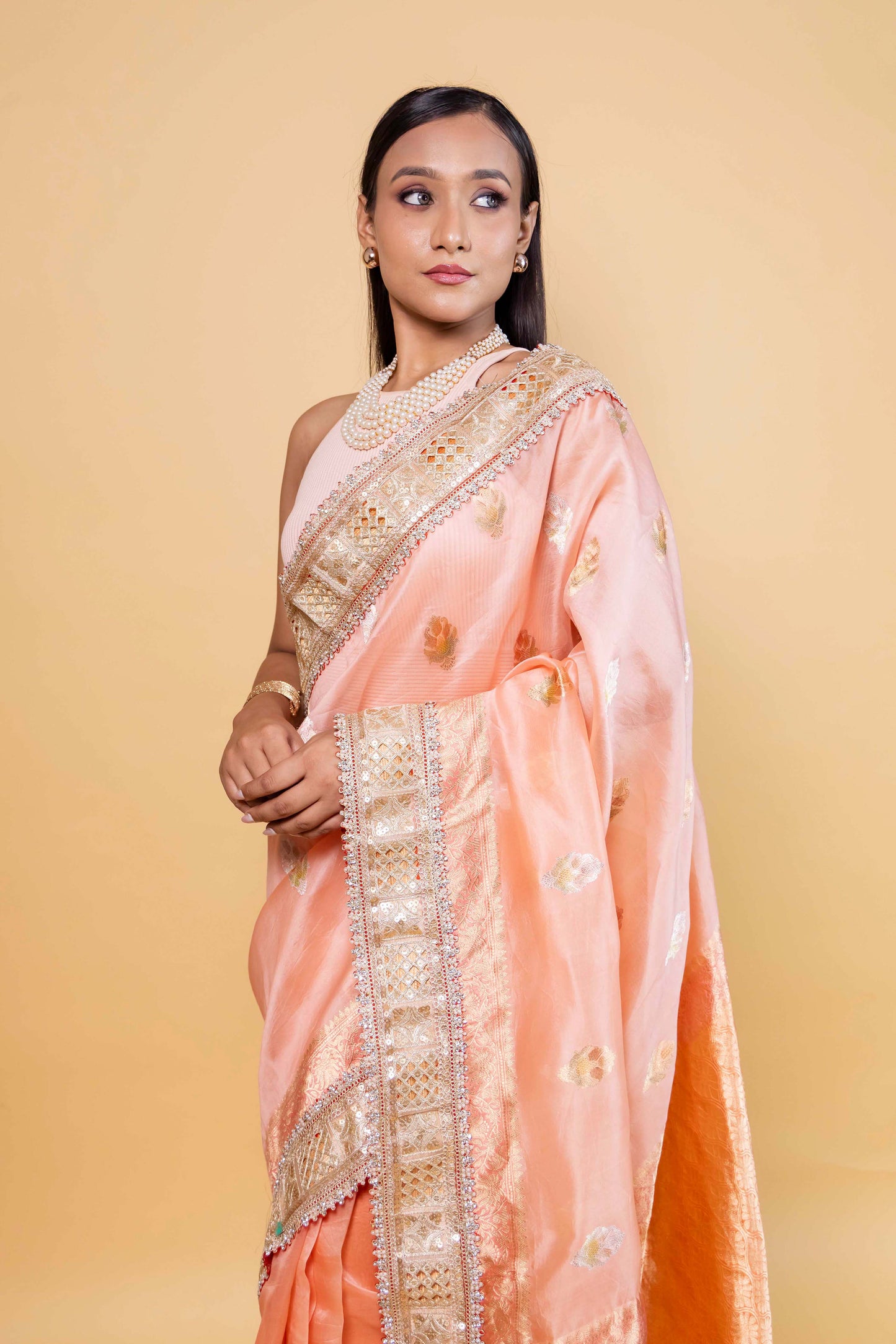 Peach Meenakari Organza Silk Saree