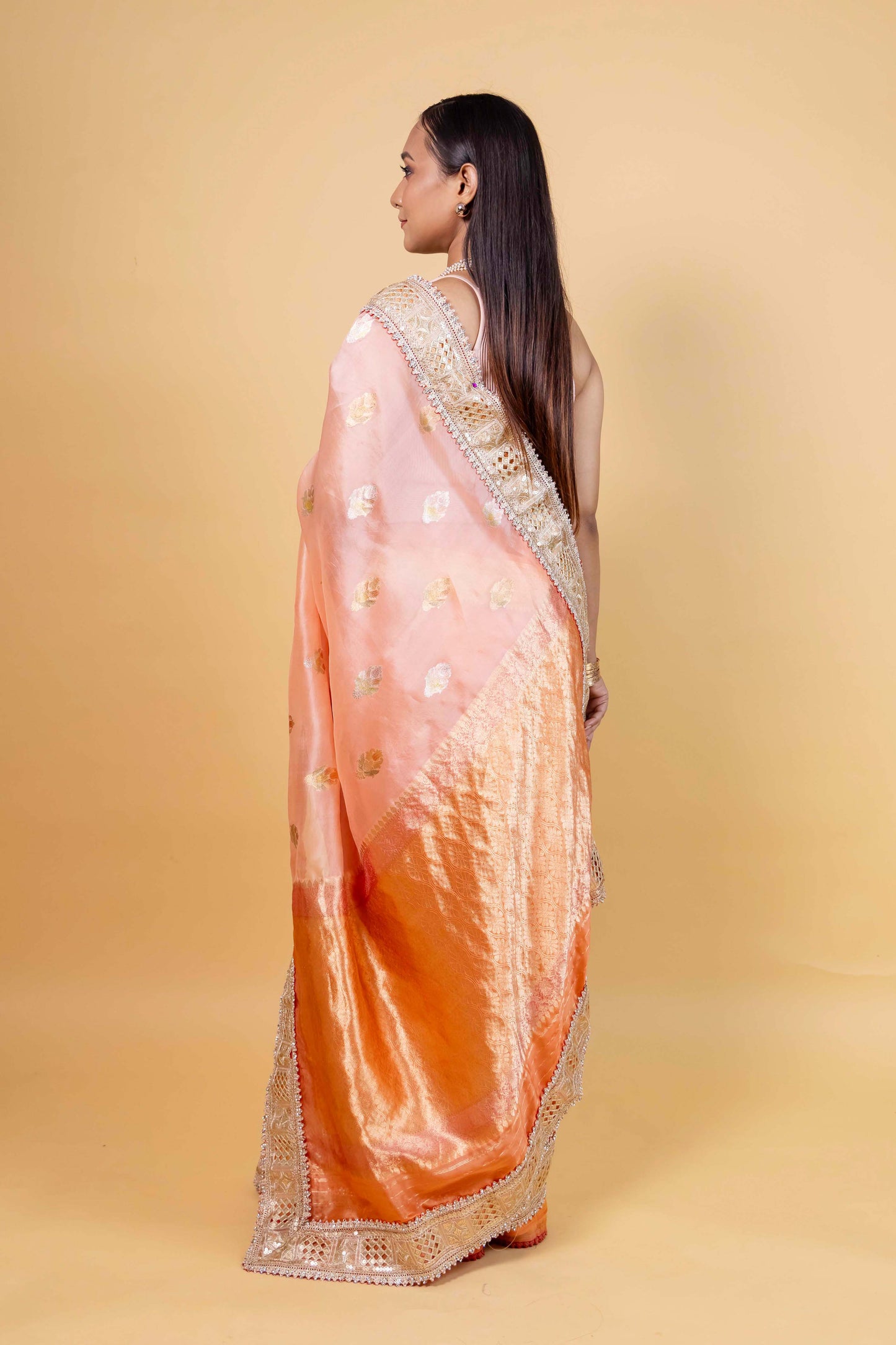 Peach Meenakari Organza Silk Saree