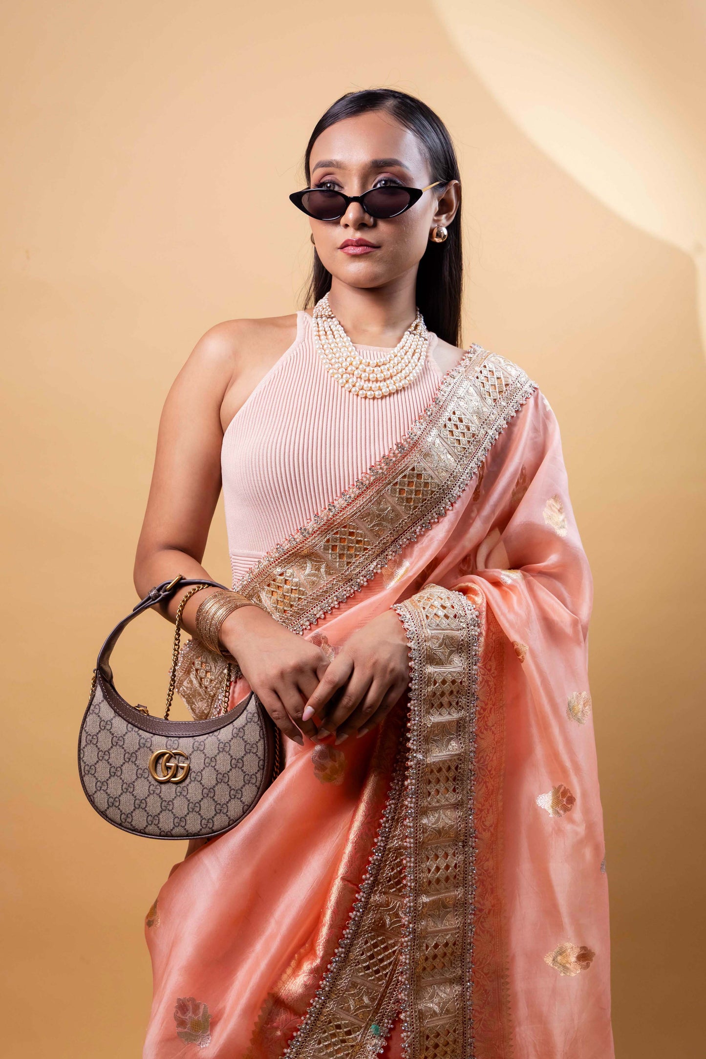 Peach Meenakari Organza Silk Saree