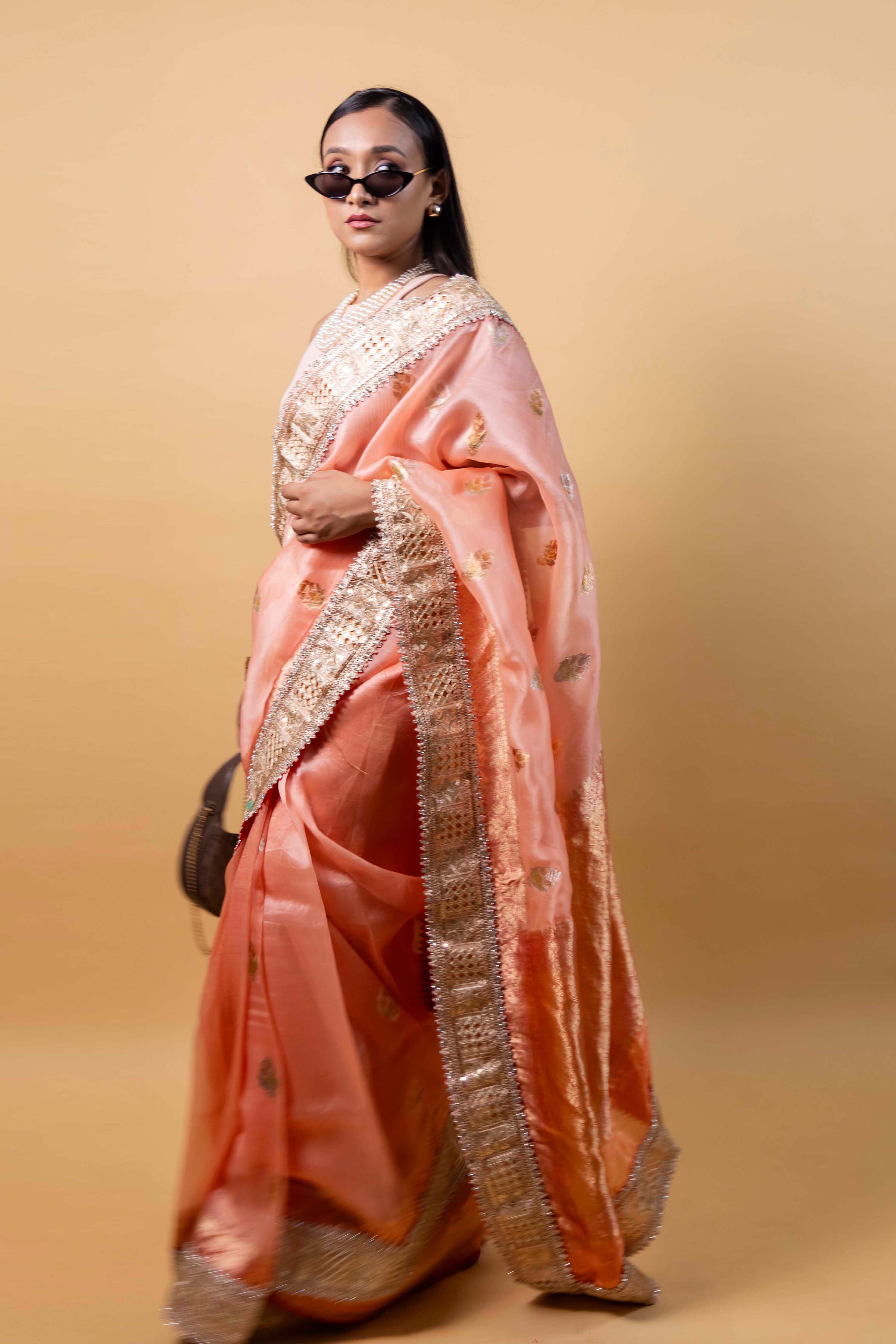 Peach Meenakari Organza Silk Saree