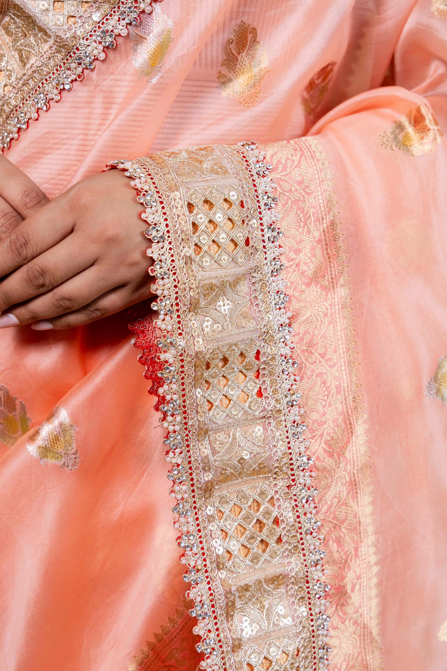 Peach Meenakari Organza Silk Saree