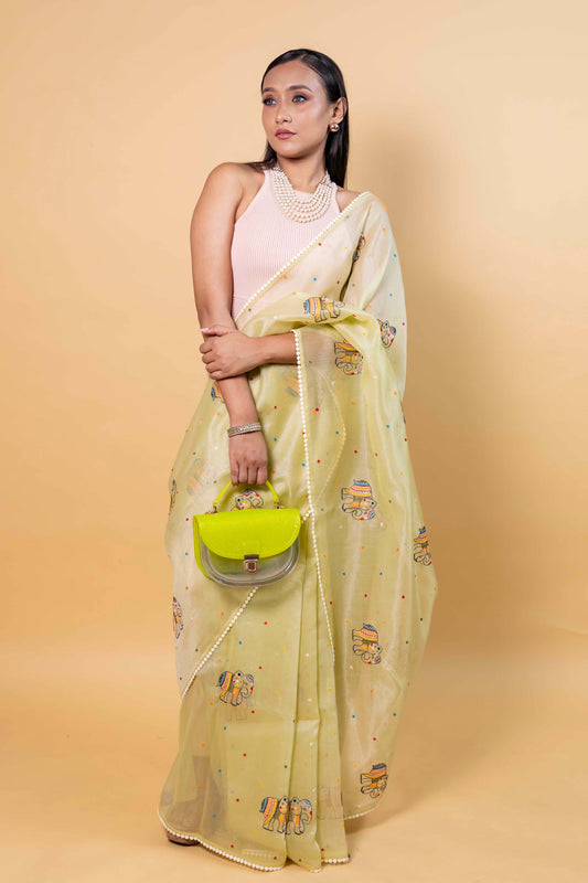 Liril Green Embroidered Chanderi Tissue Saree