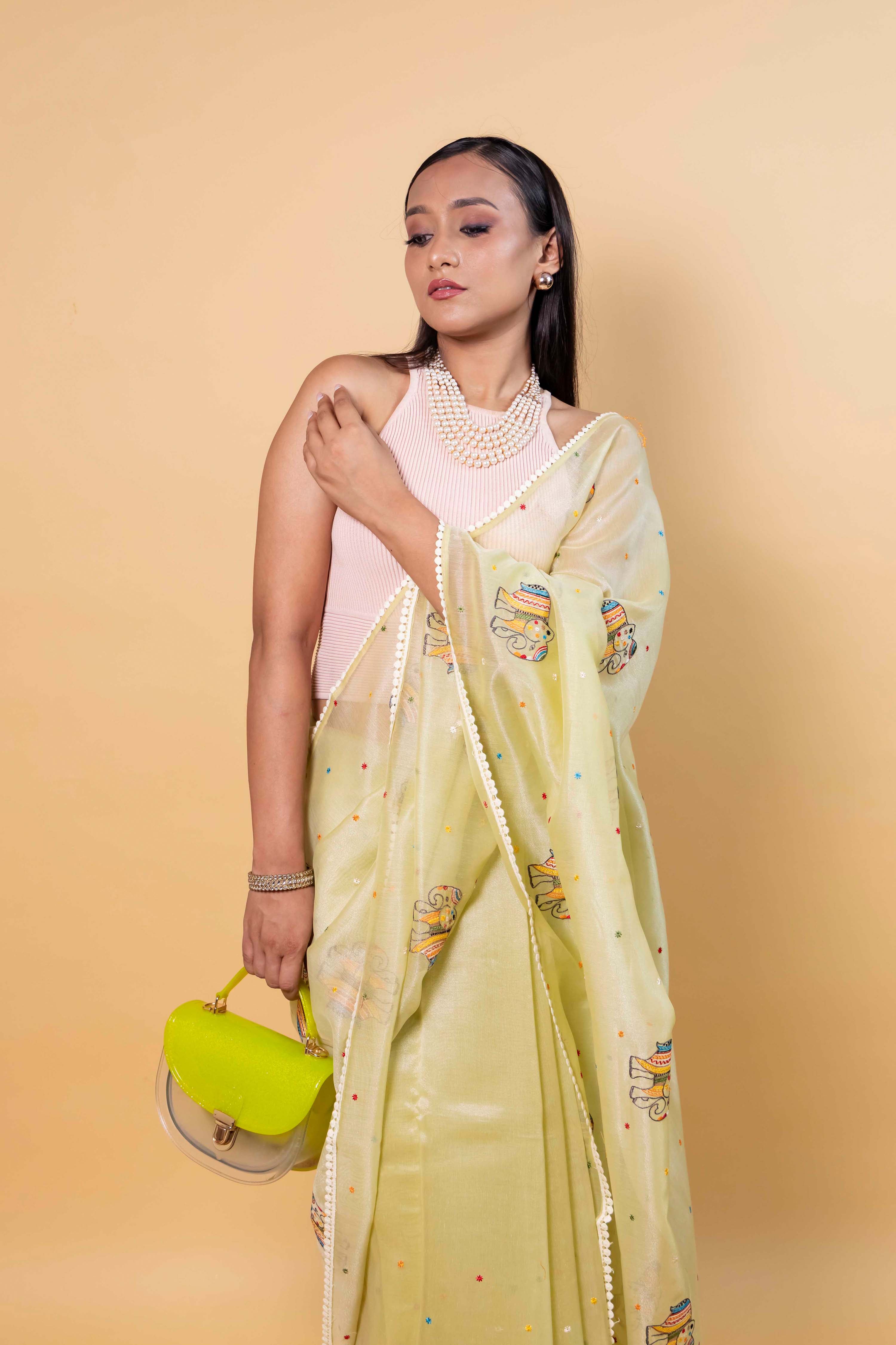 Liril Green Embroidered Chanderi Tissue Saree