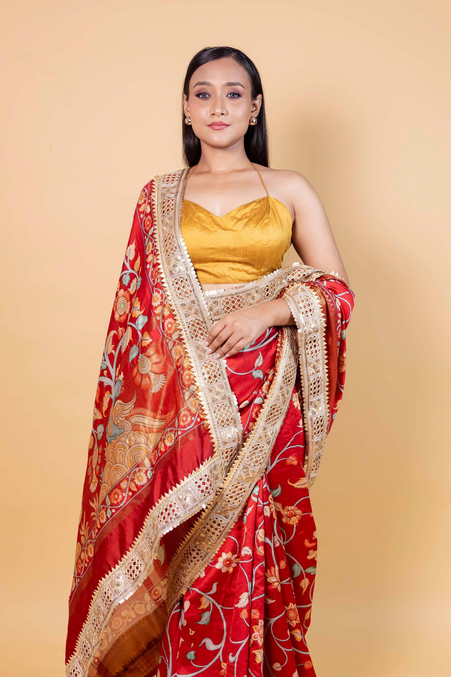 Red Floral Print Chiniya Silk Saree