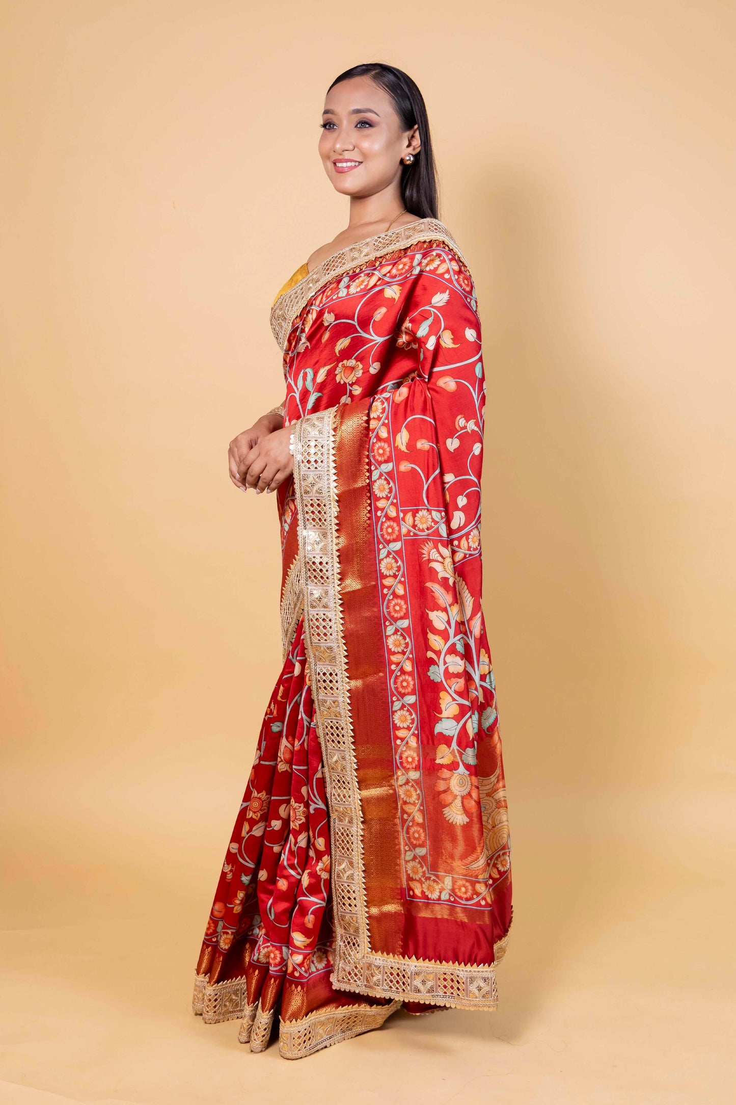 Red Floral Print Chiniya Silk Saree