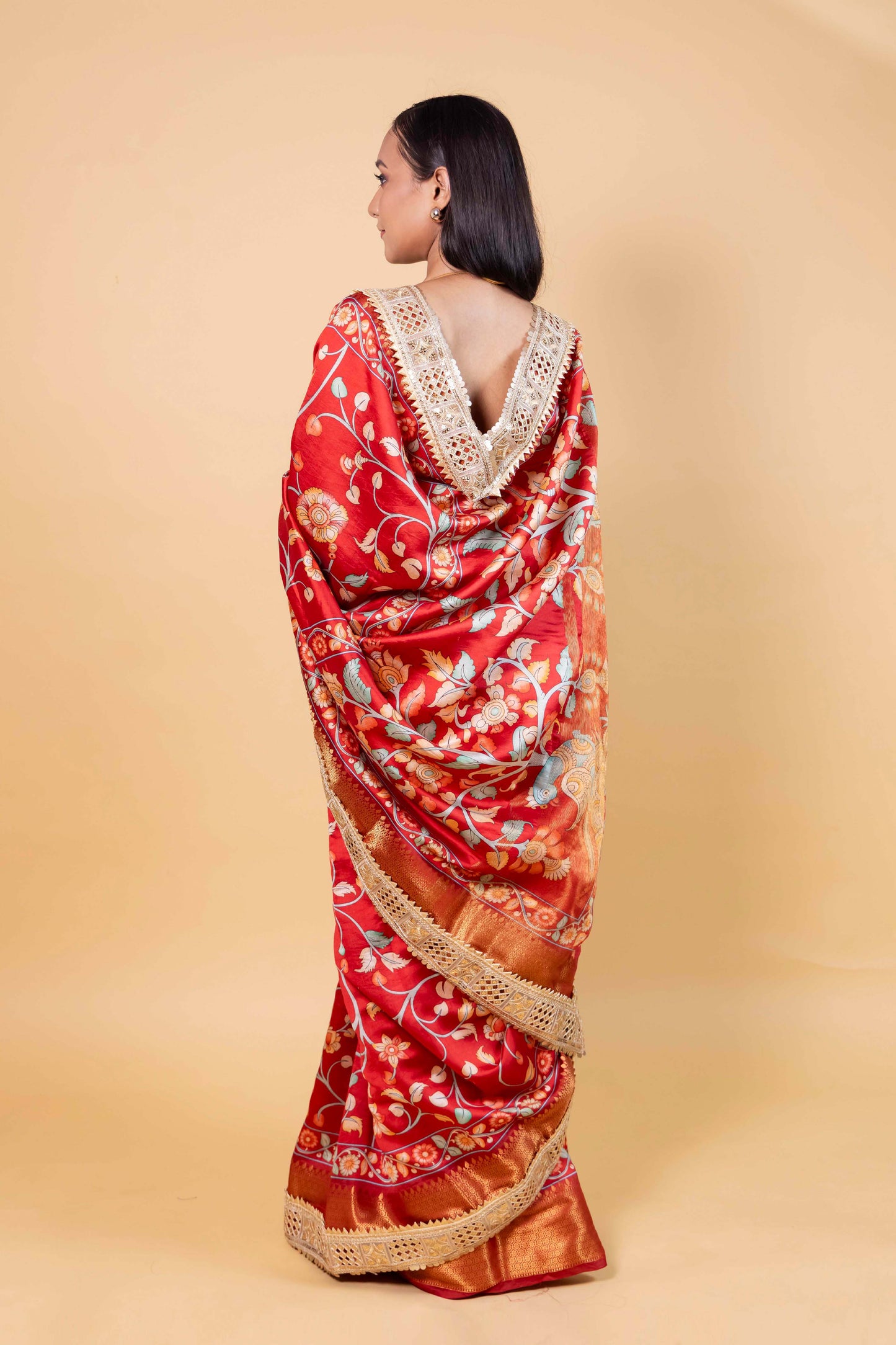 Red Floral Print Chiniya Silk Saree