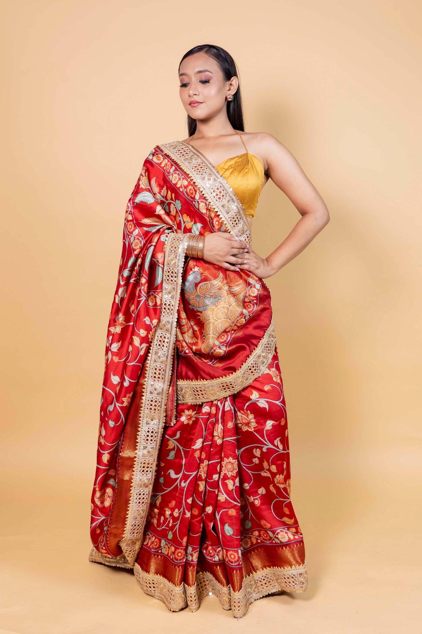 Red Floral Print Chiniya Silk Saree