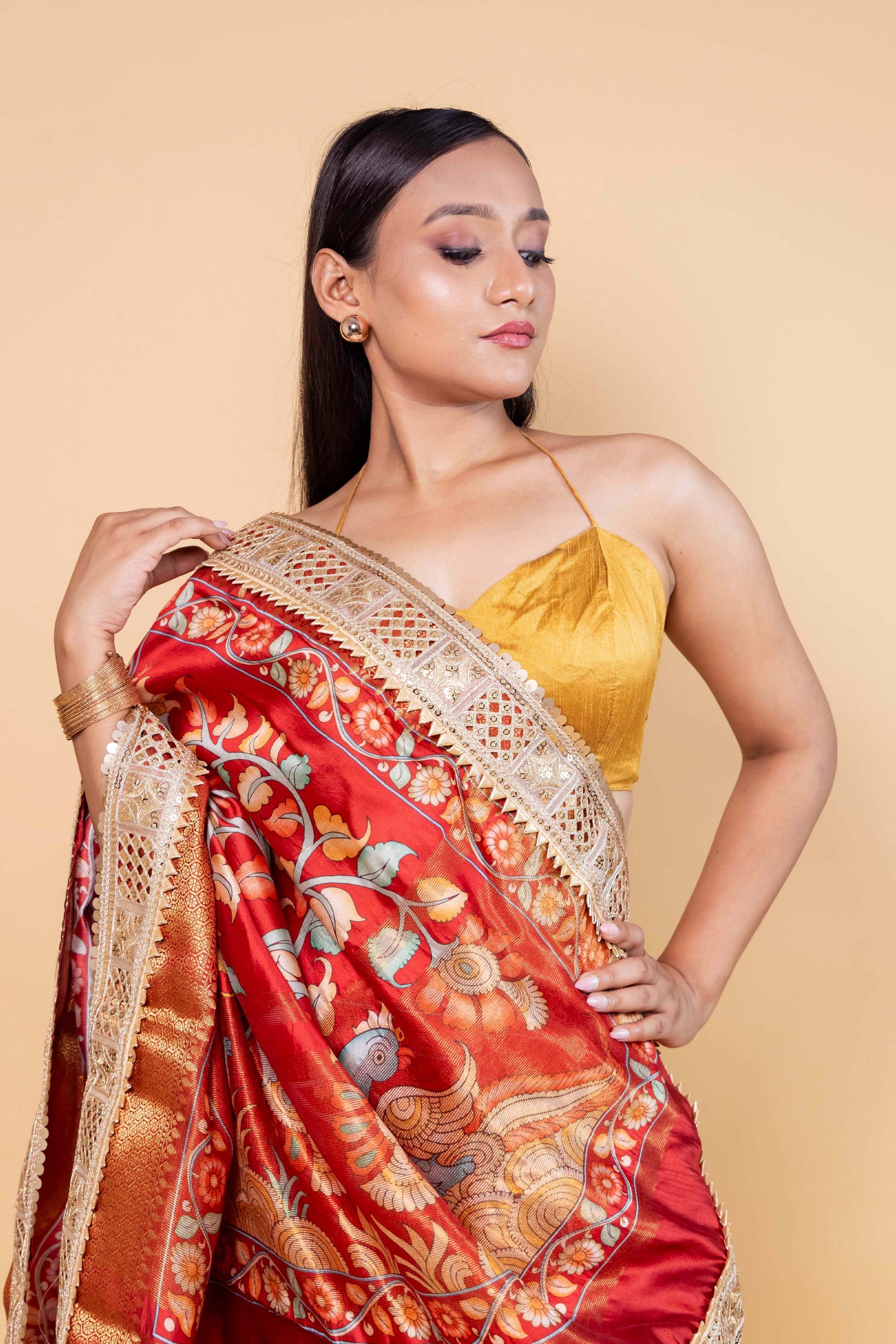 Red Floral Print Chiniya Silk Saree