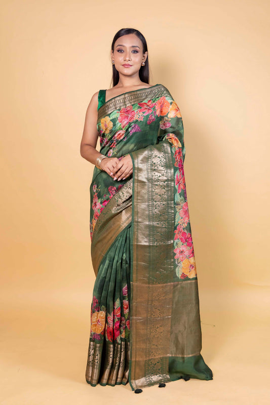 Green Embellished Chiniya Silk Saree