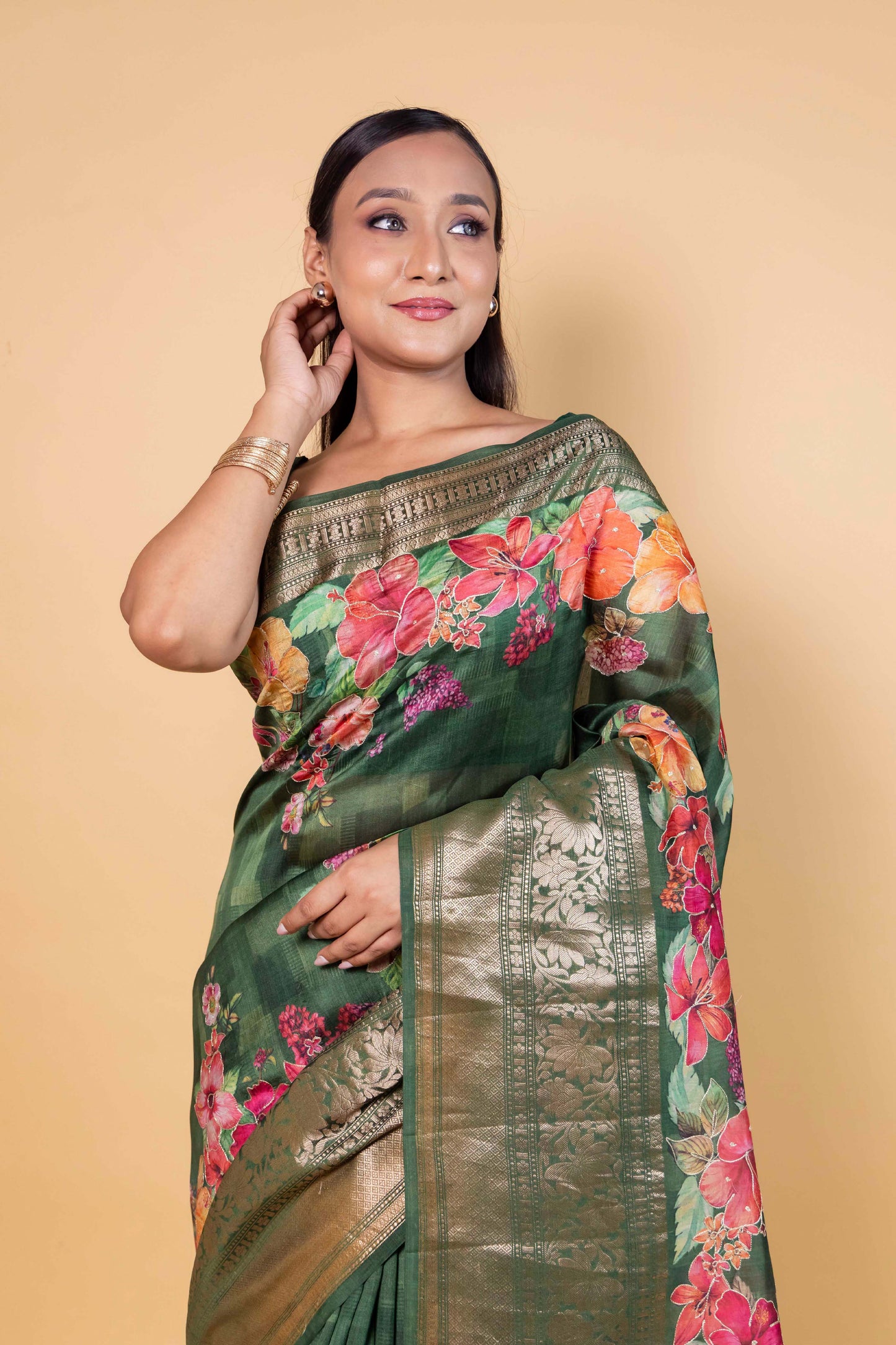 Green Embellished Chiniya Silk Saree