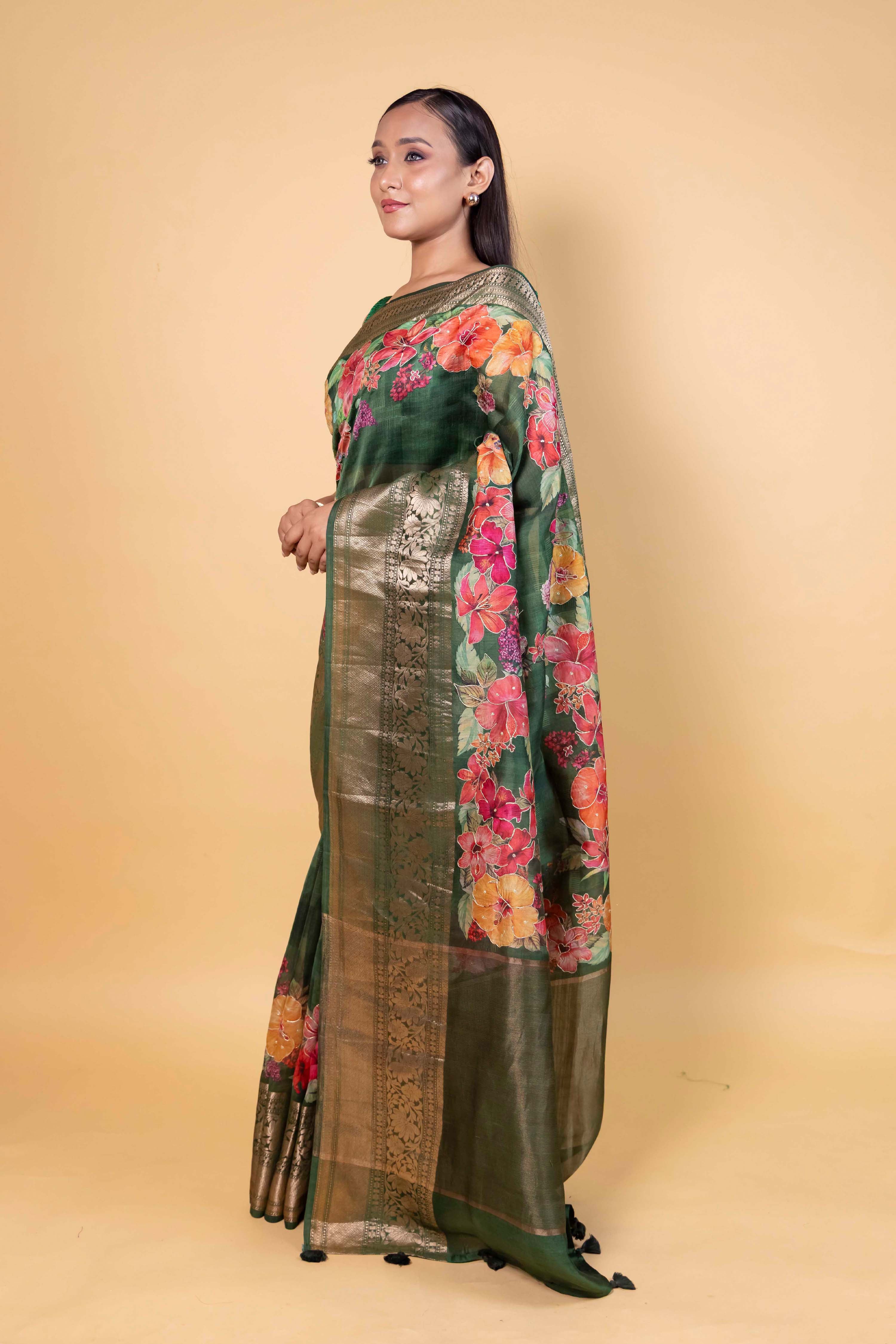 Green Embellished Chiniya Silk Saree