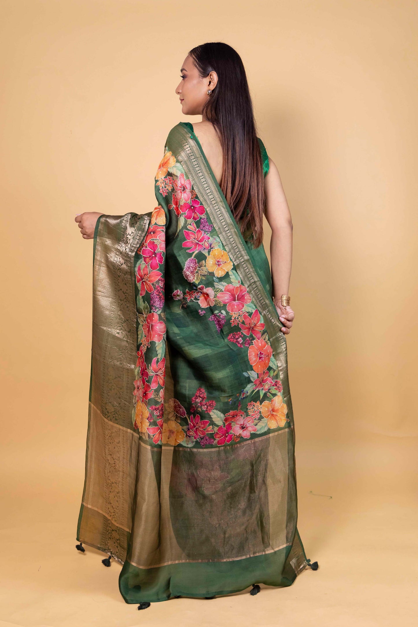 Green Embellished Chiniya Silk Saree