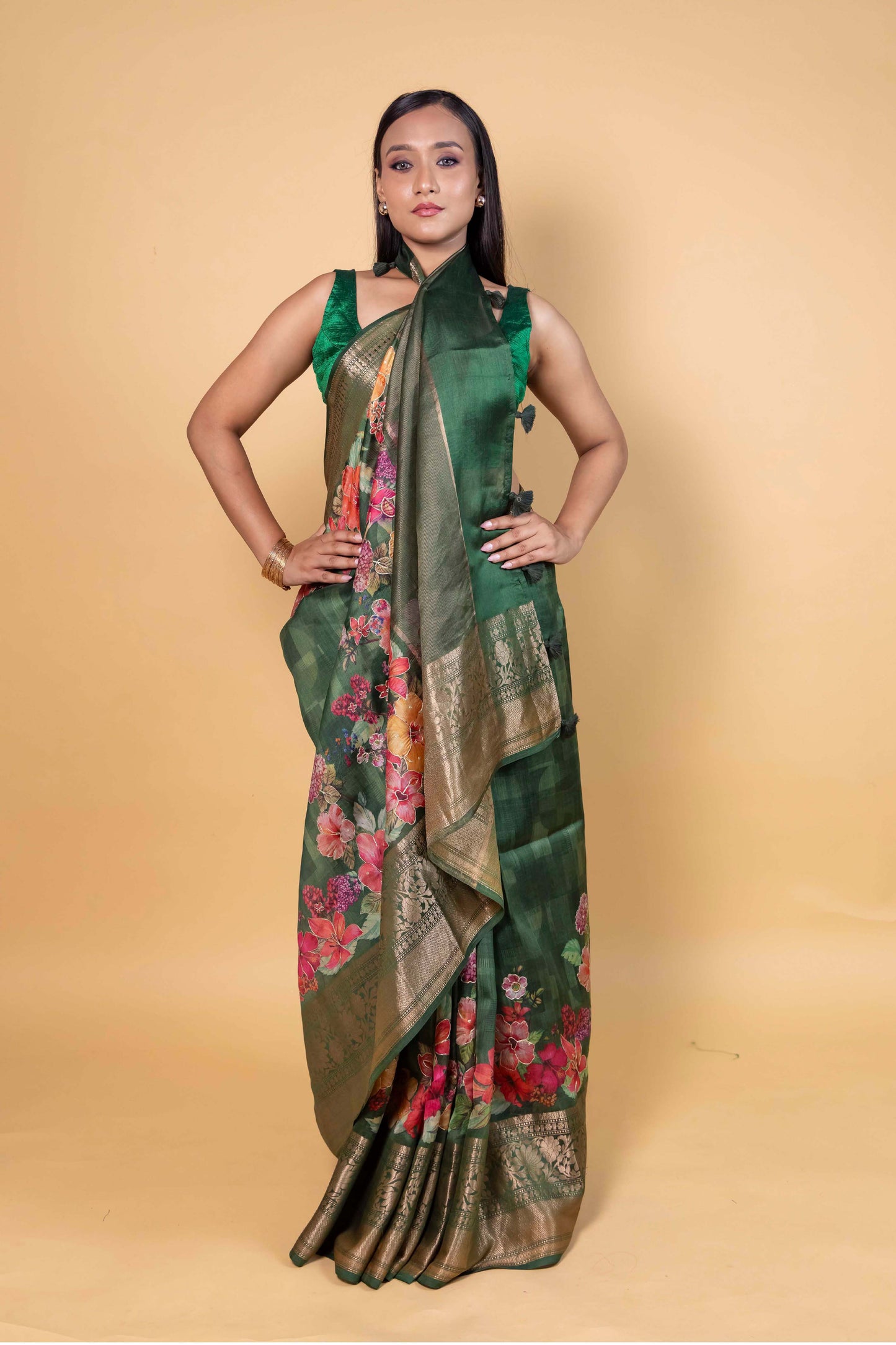 Green Embellished Chiniya Silk Saree