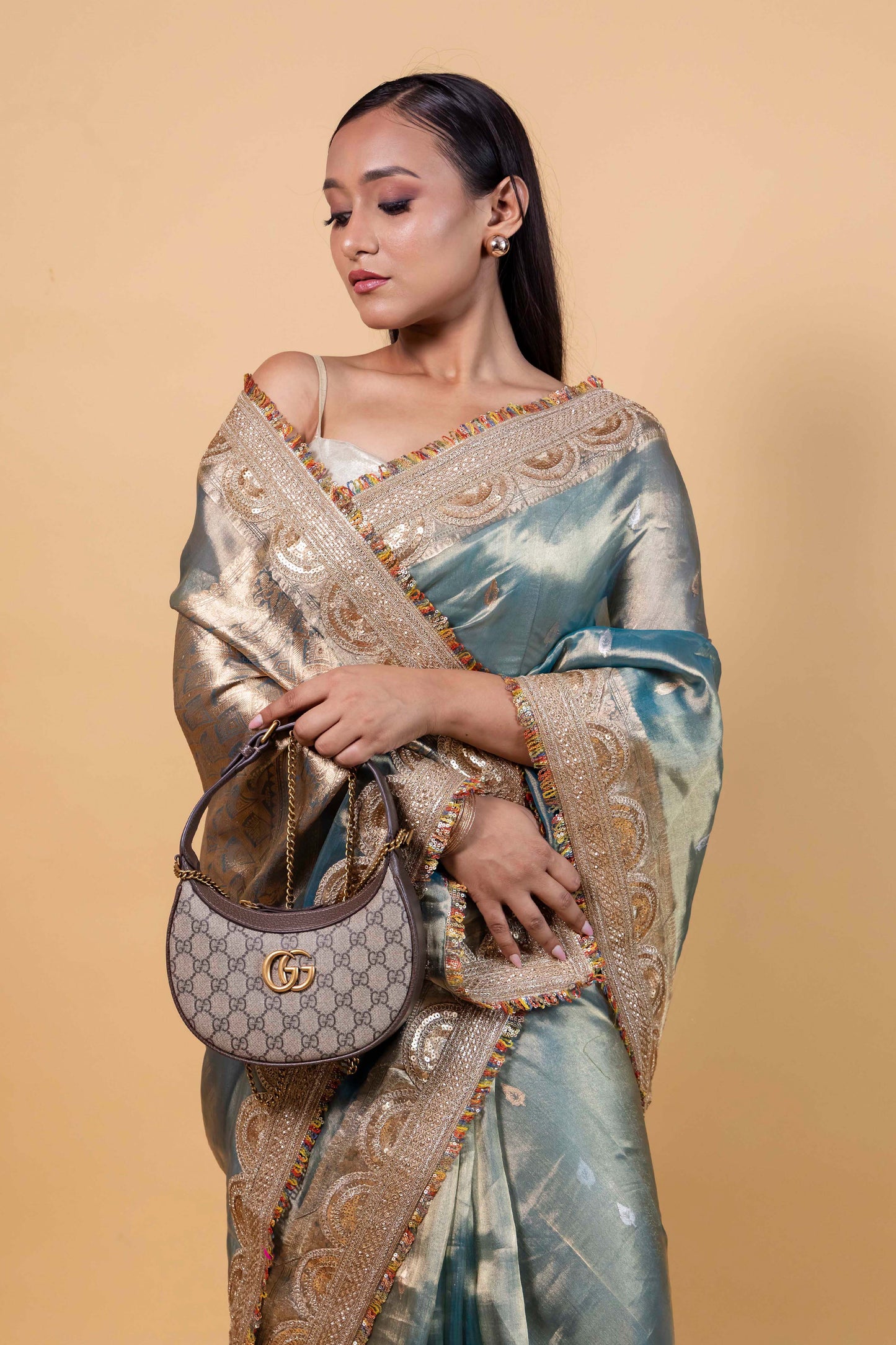 Blue Embellished Tissue Silk Saree
