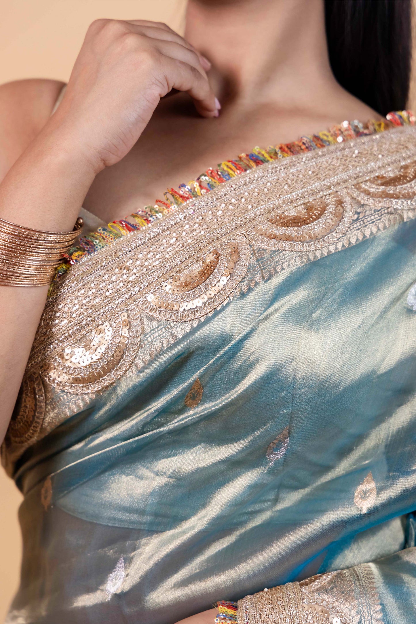 Blue Embellished Tissue Silk Saree