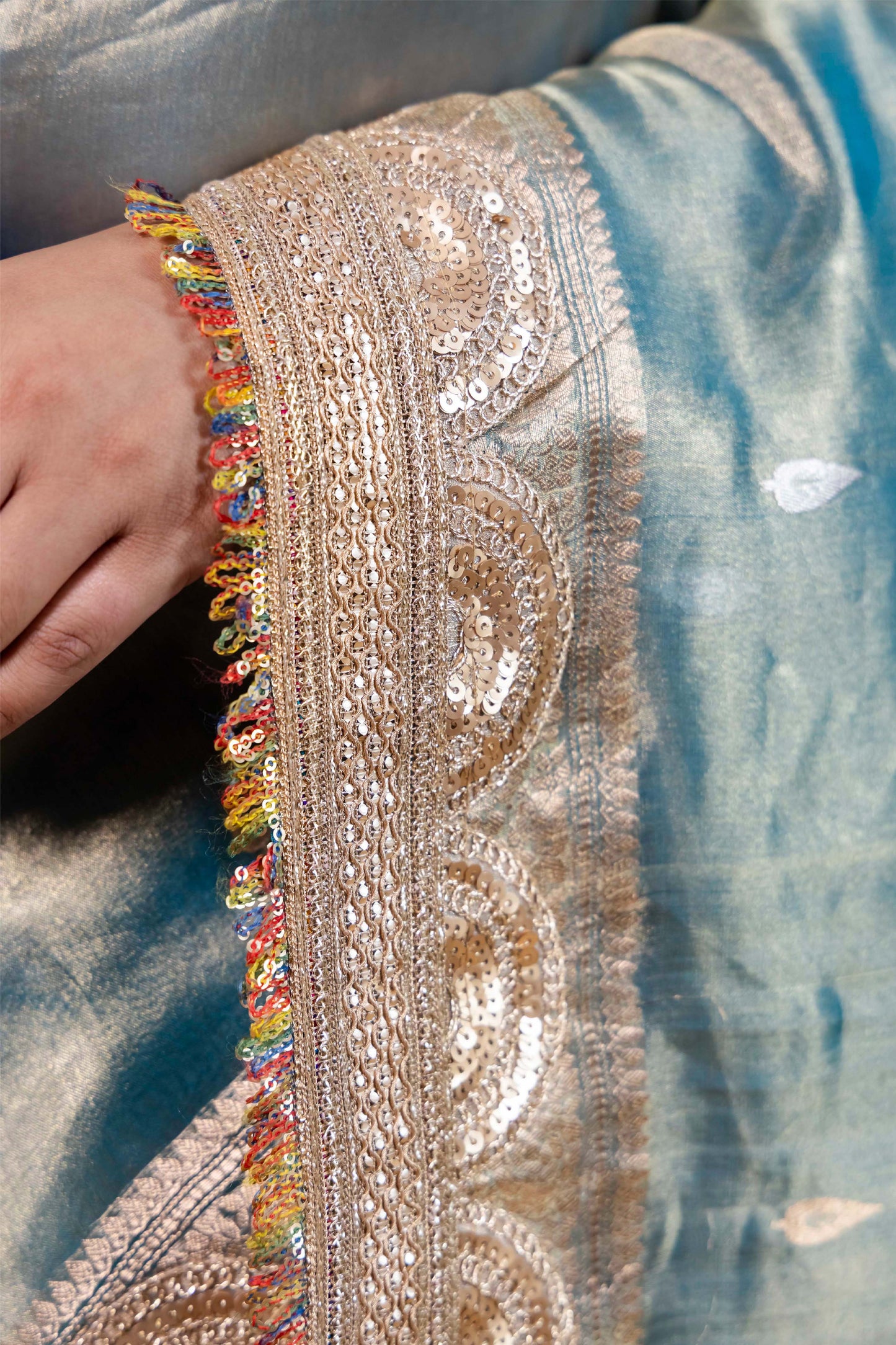 Blue Embellished Tissue Silk Saree