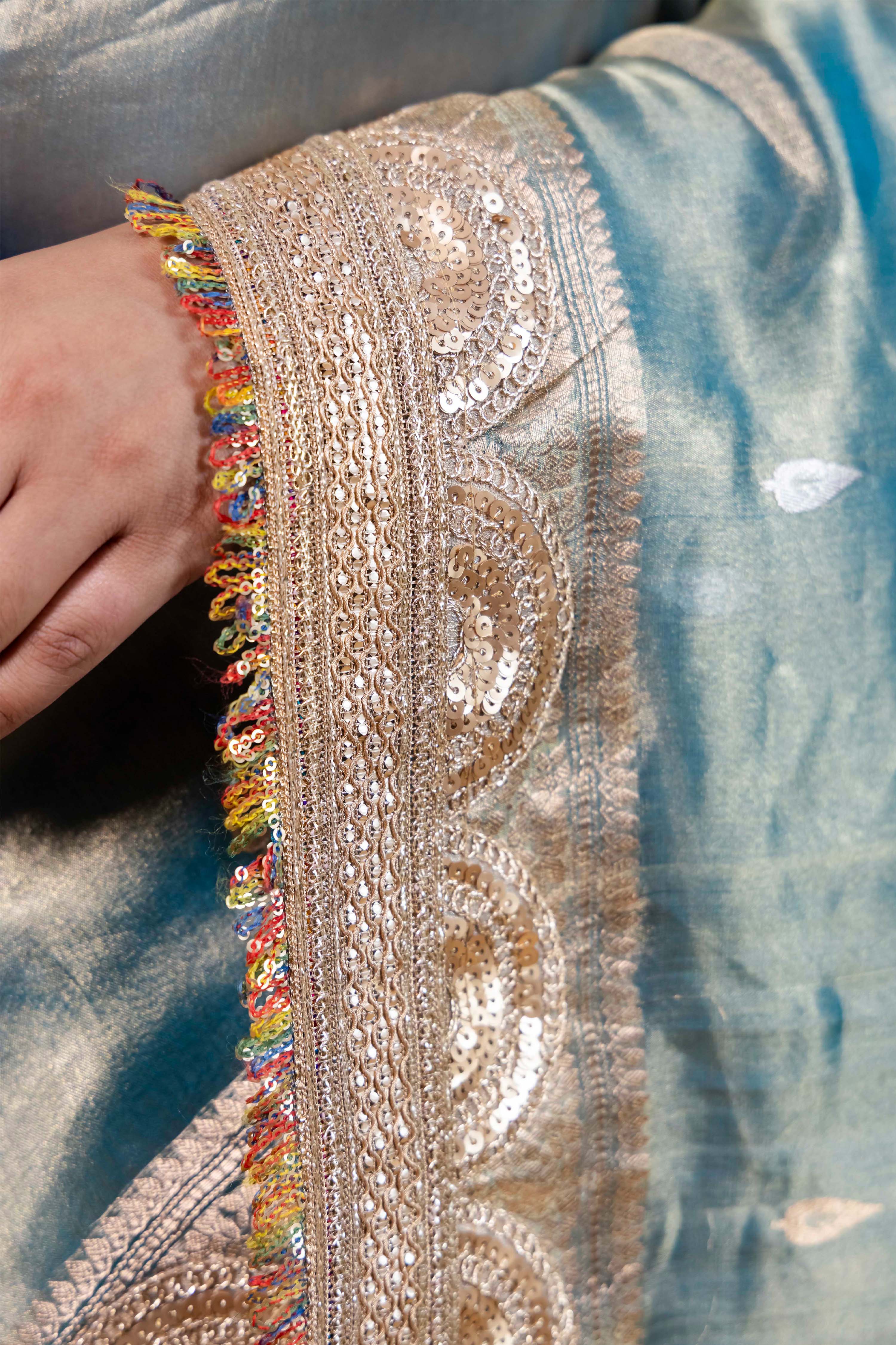 Blue Embellished Tissue Silk Saree