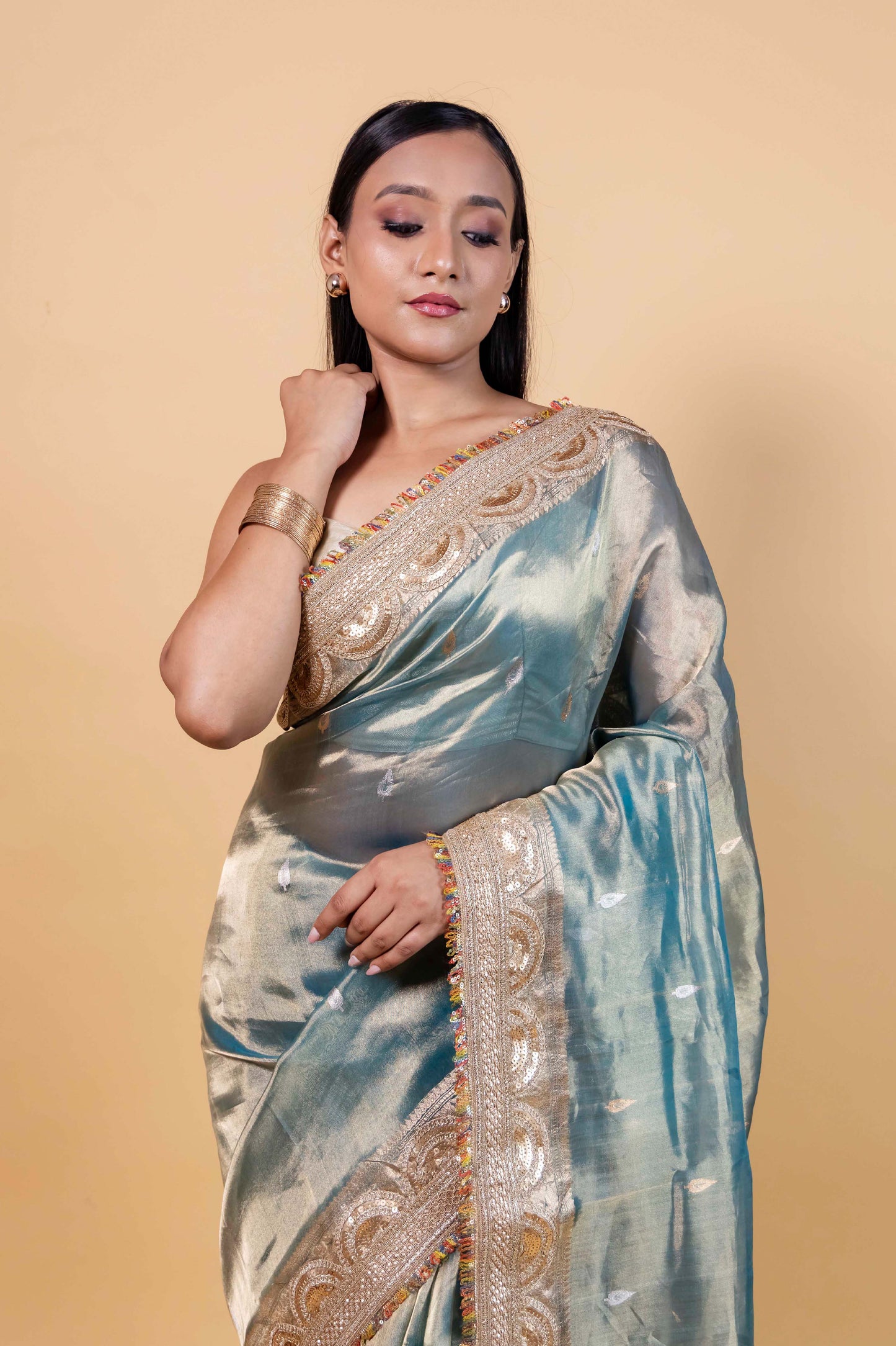 Blue Embellished Tissue Silk Saree