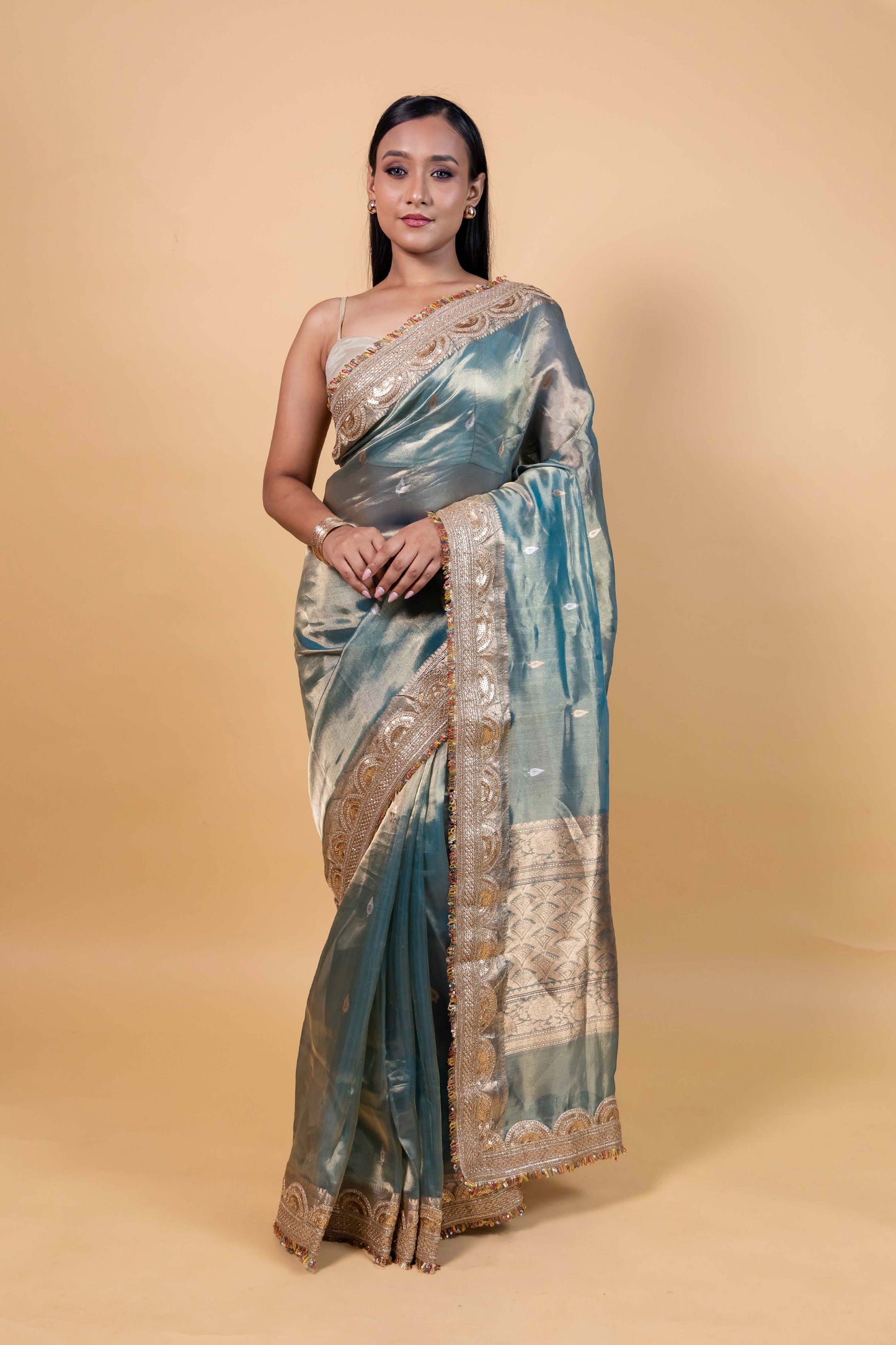 Blue Embellished Tissue Silk Saree
