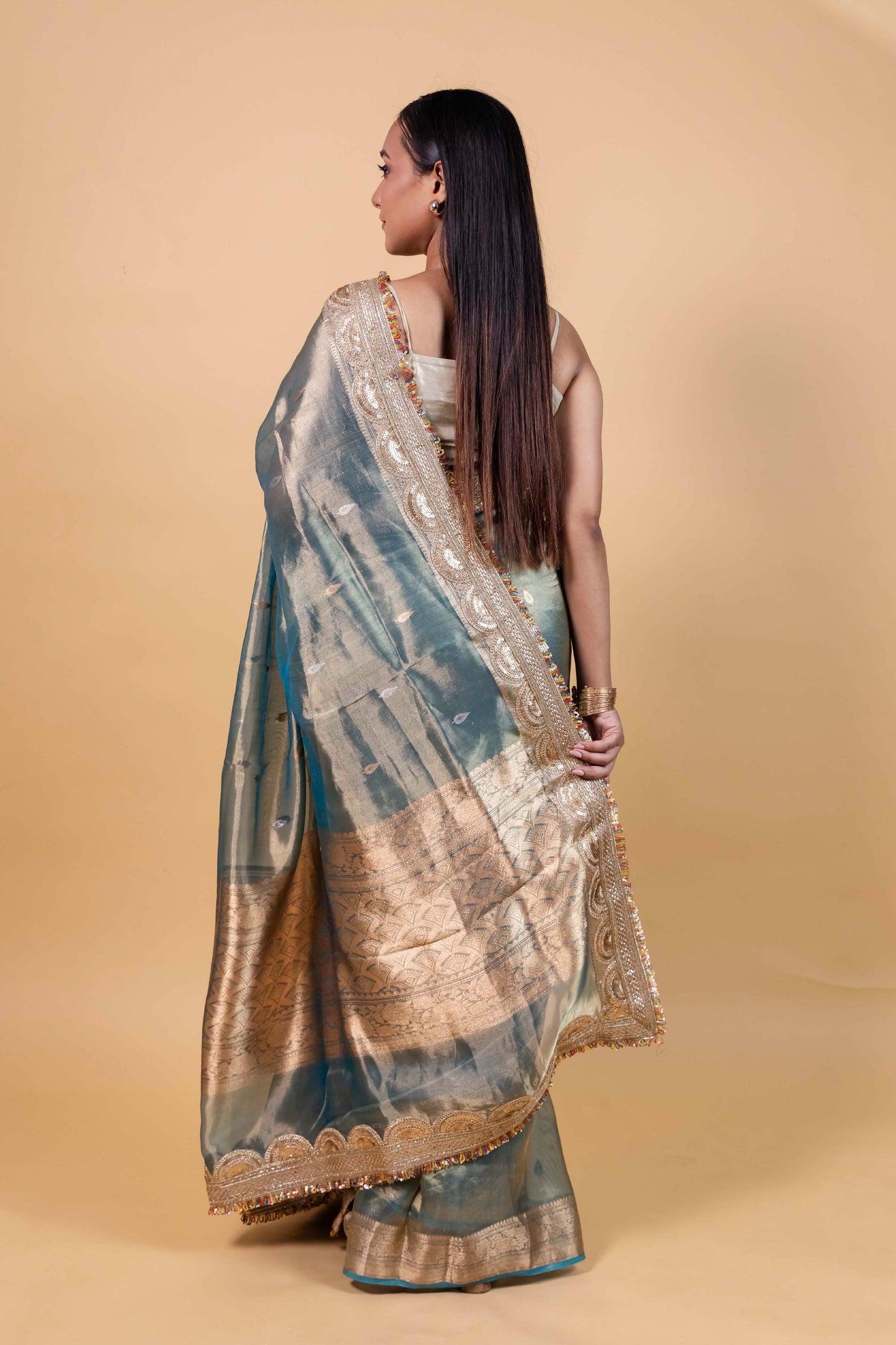 Blue Embellished Tissue Silk Saree