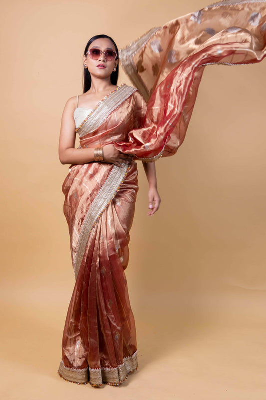 Rust Embroidered Lace Tissue Silk Saree
