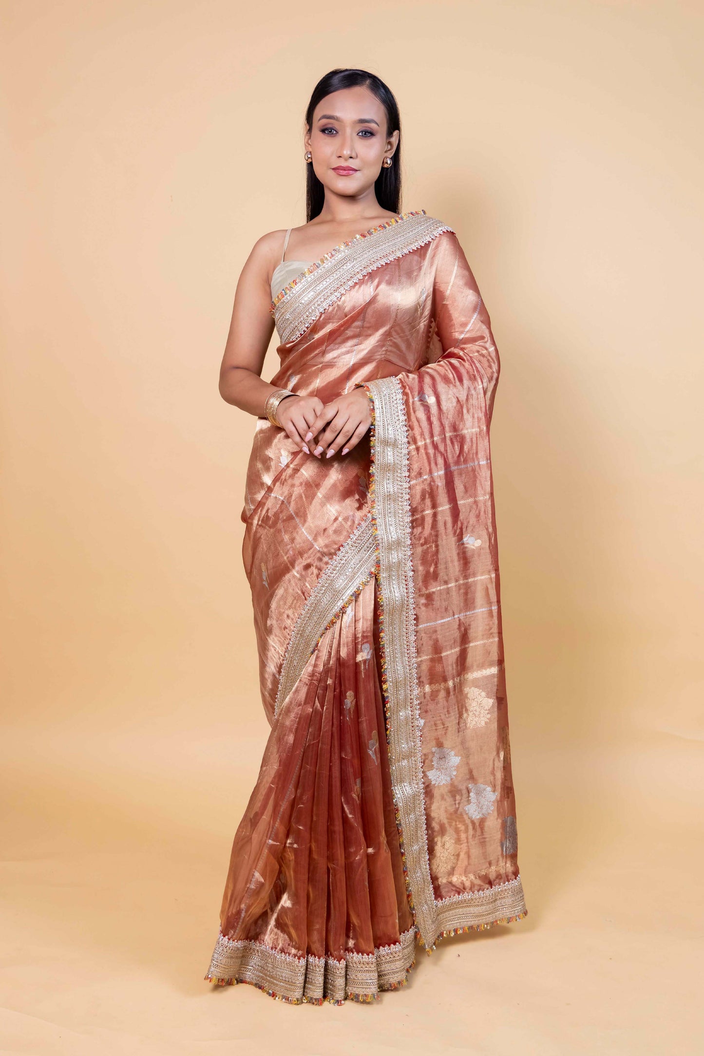 Rust Embroidered Lace Tissue Silk Saree