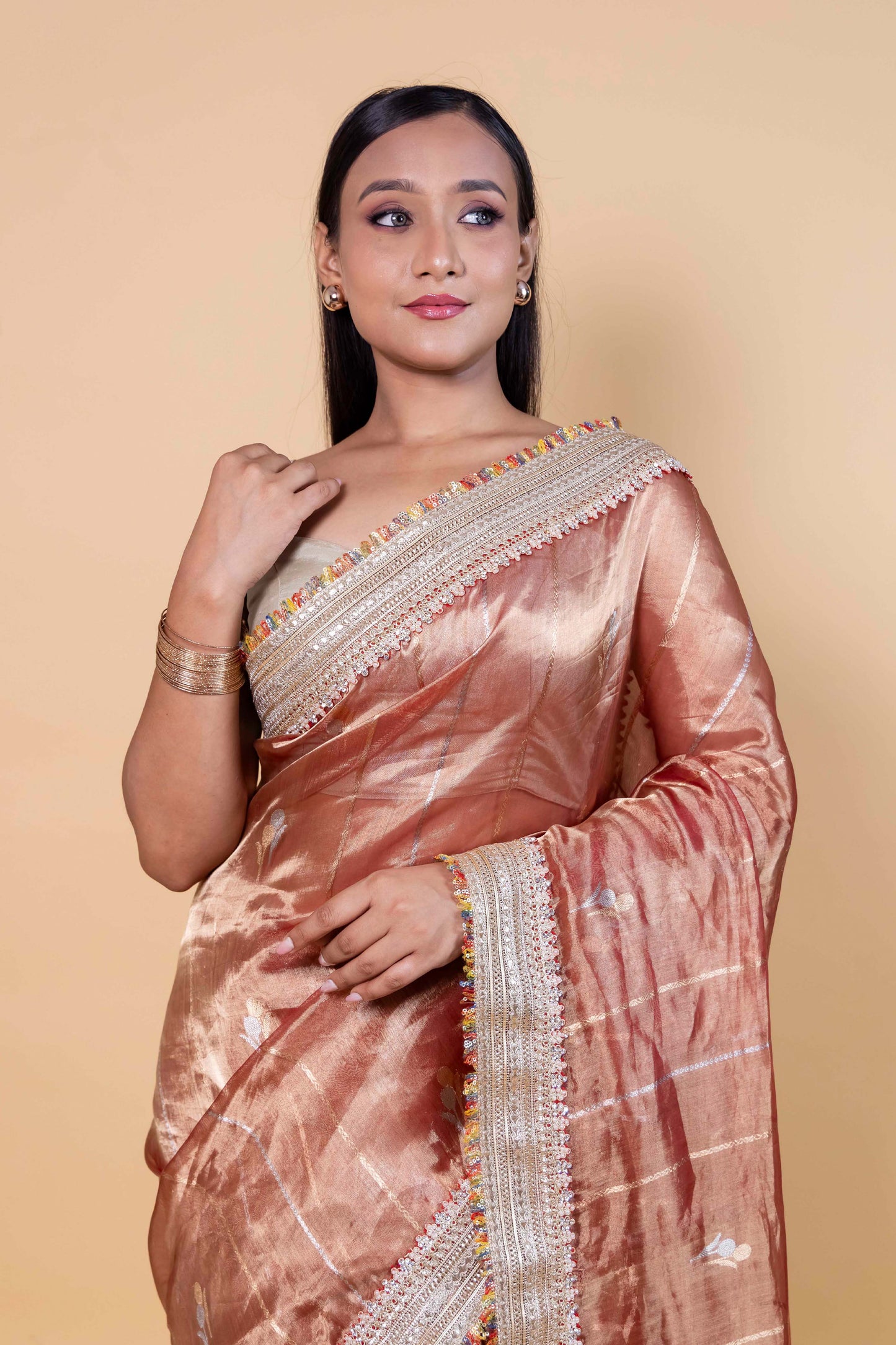 Rust Embroidered Lace Tissue Silk Saree