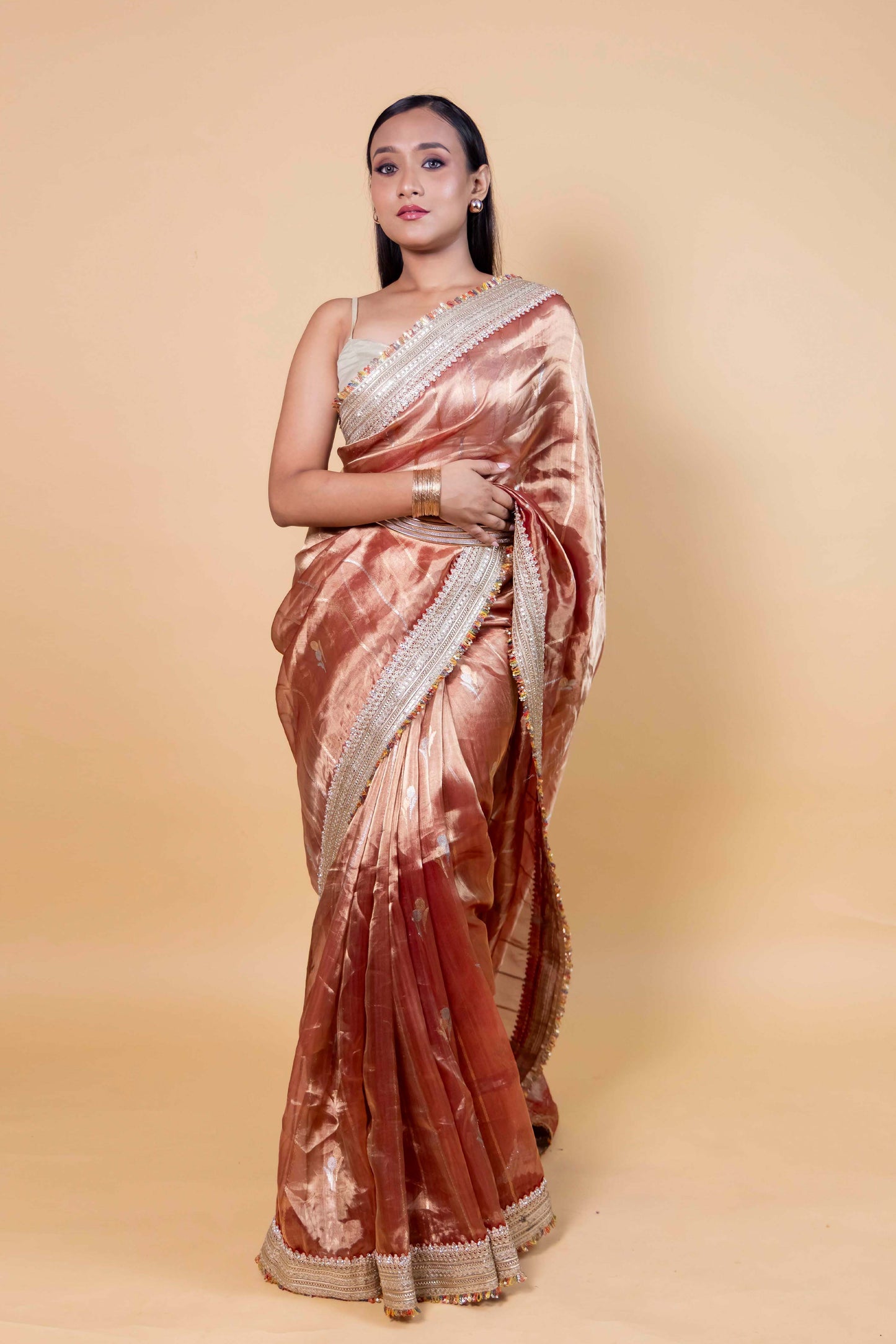 Rust Embroidered Lace Tissue Silk Saree