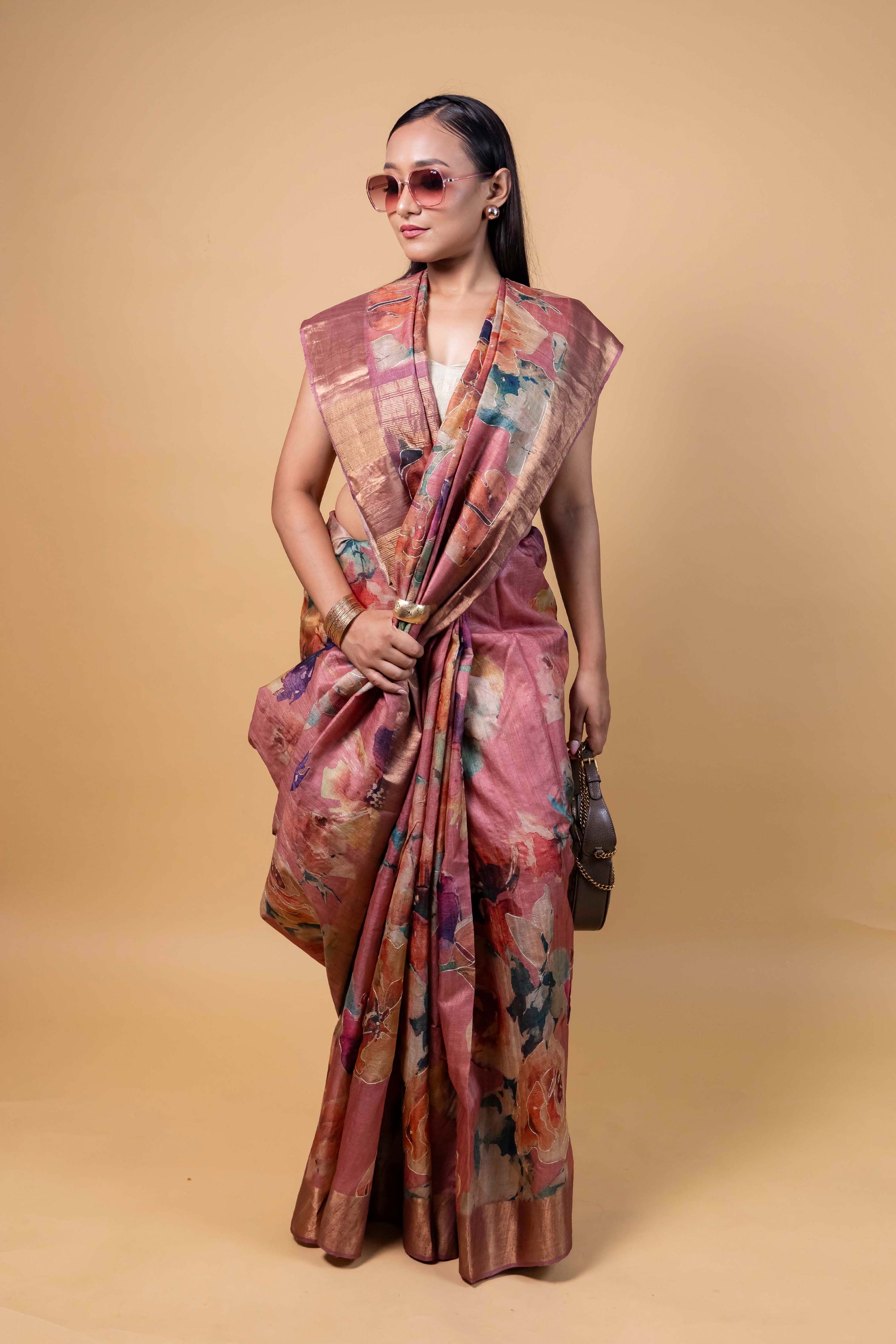 Onion Pink Embellished Tussar Silk Saree