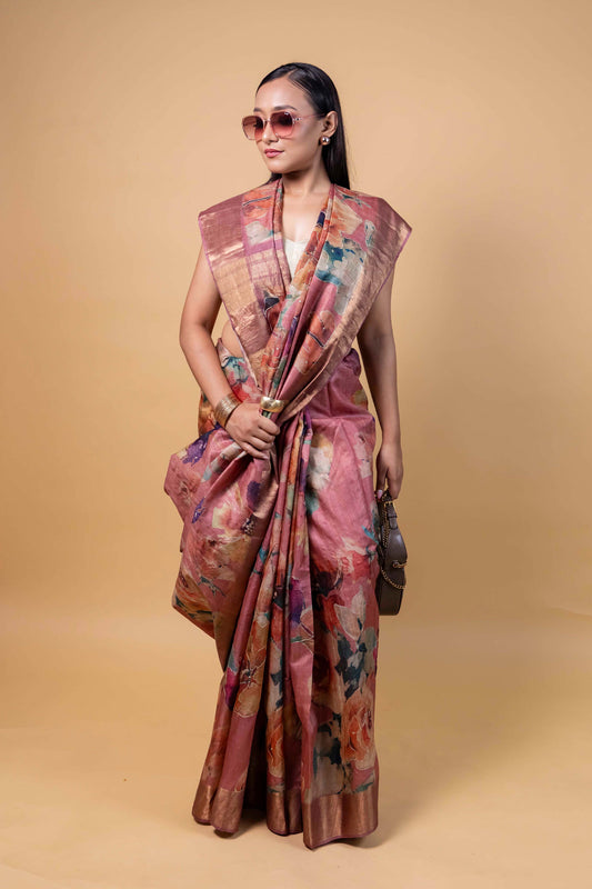 Onion Pink Embellished Tussar Silk Saree