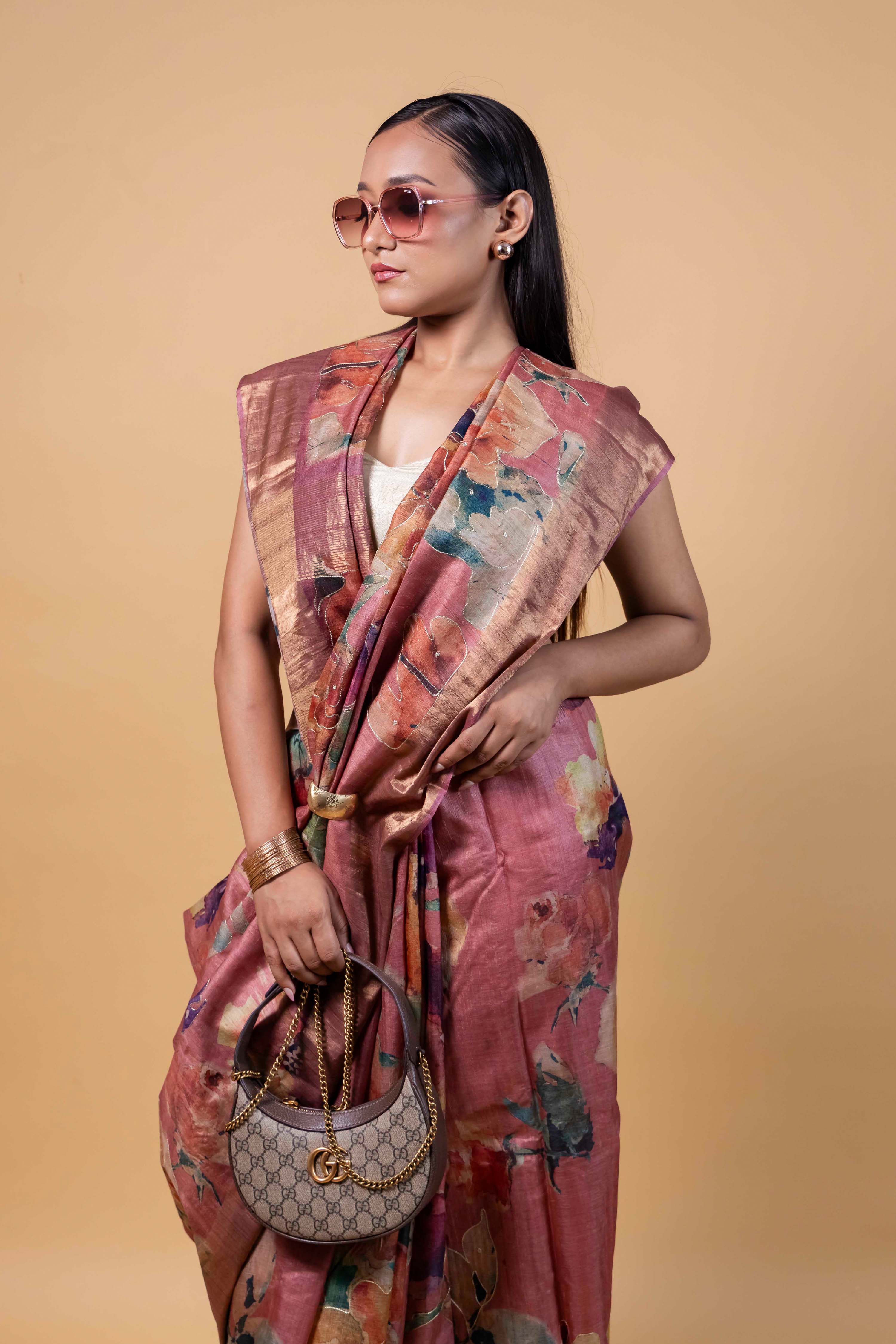 Onion Pink Embellished Tussar Silk Saree