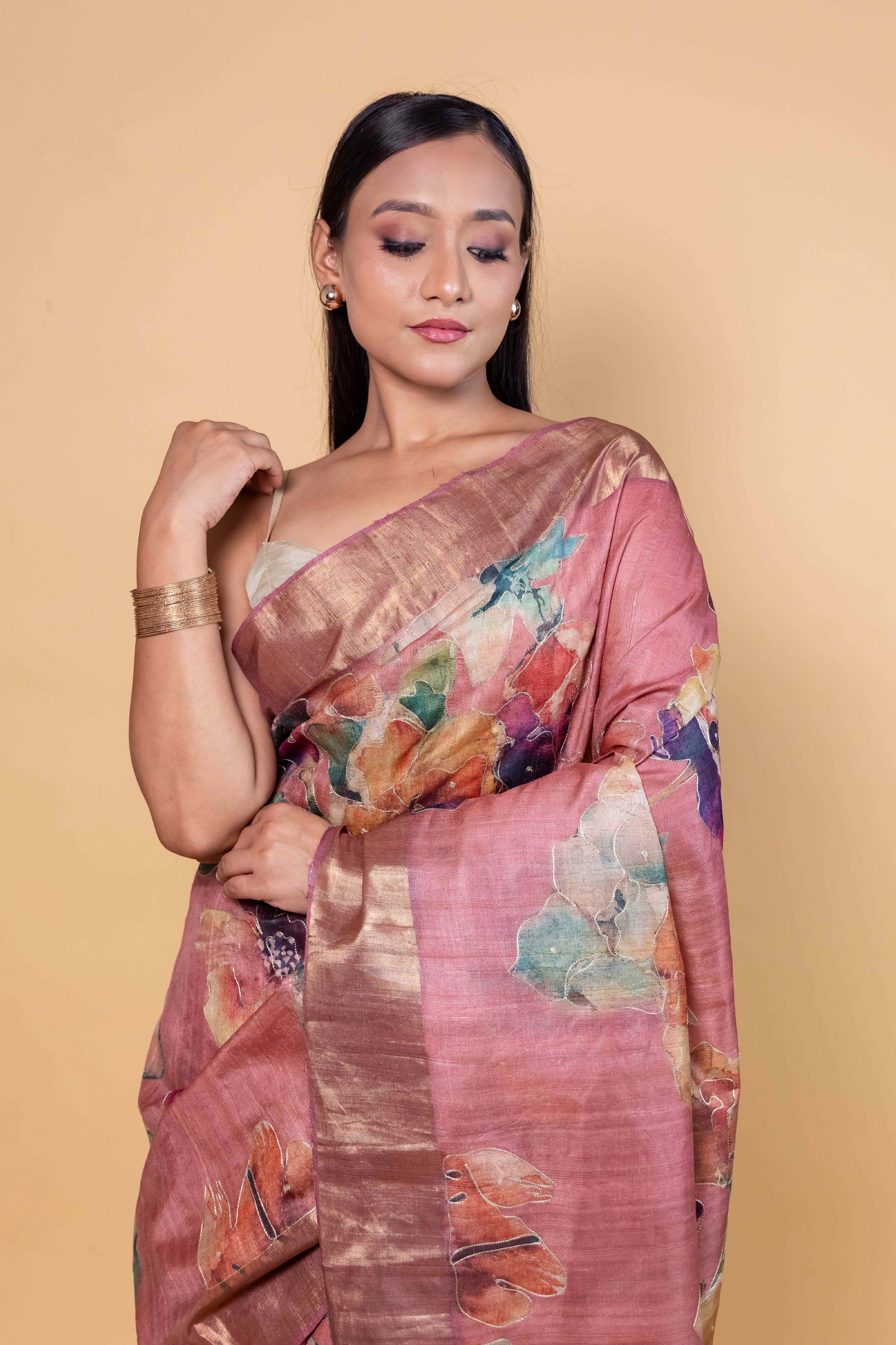 Onion Pink Embellished Tussar Silk Saree