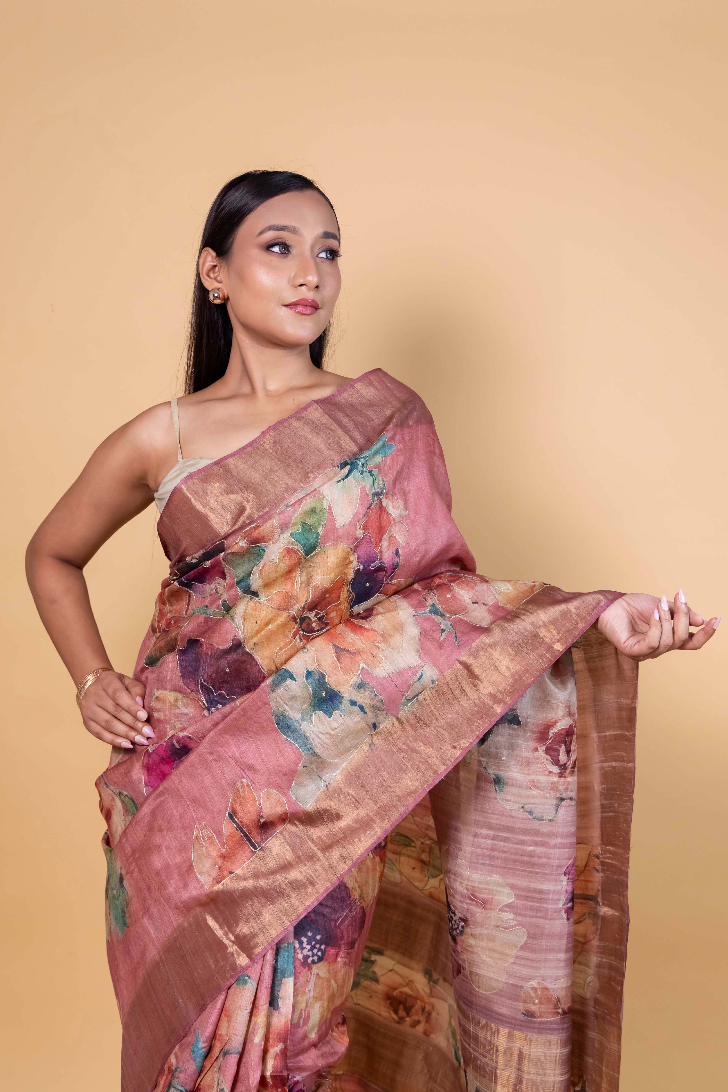 Onion Pink Embellished Tussar Silk Saree